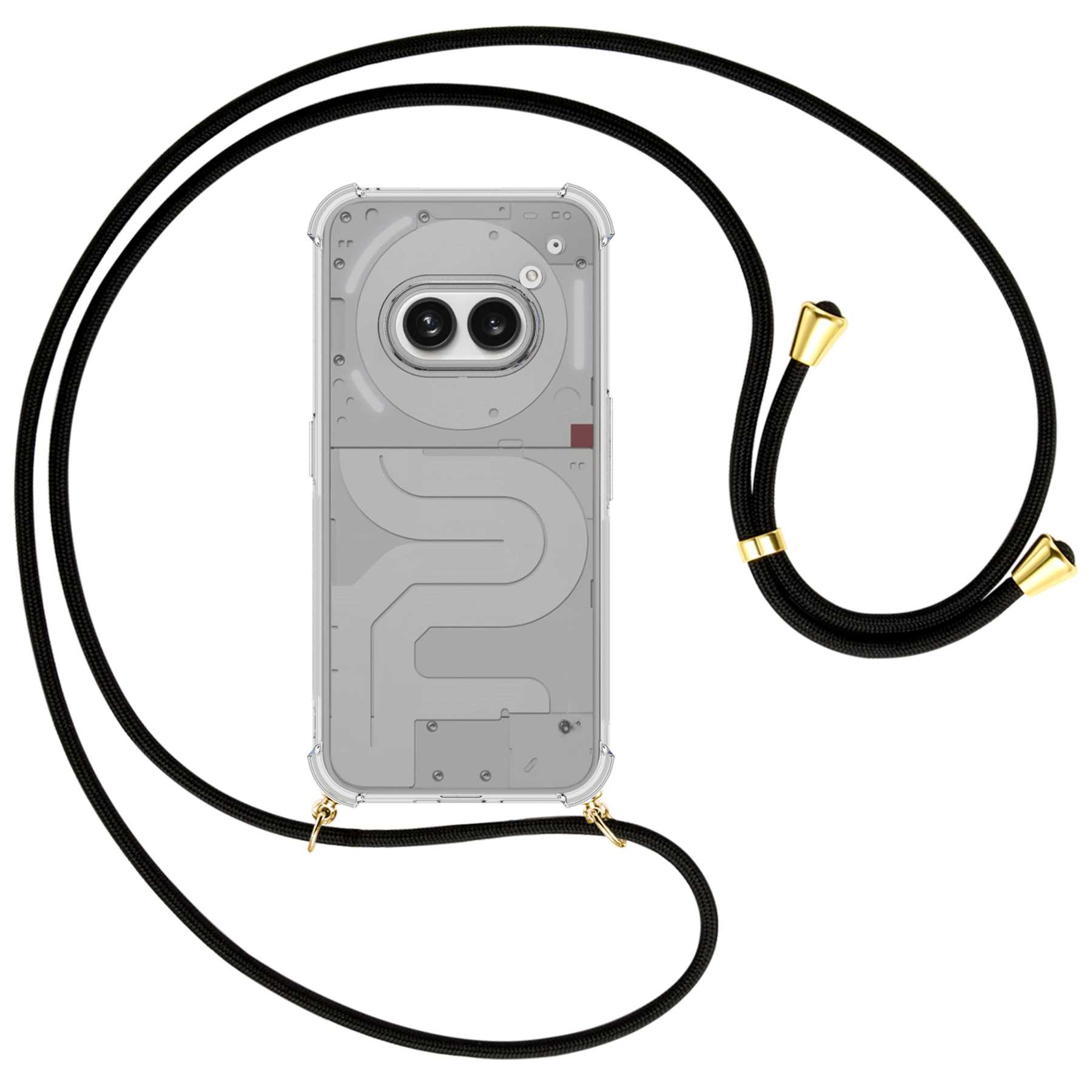 Transparente Handyhülle mit schwarzem Kordel. Telefon hat zwei Kameras.