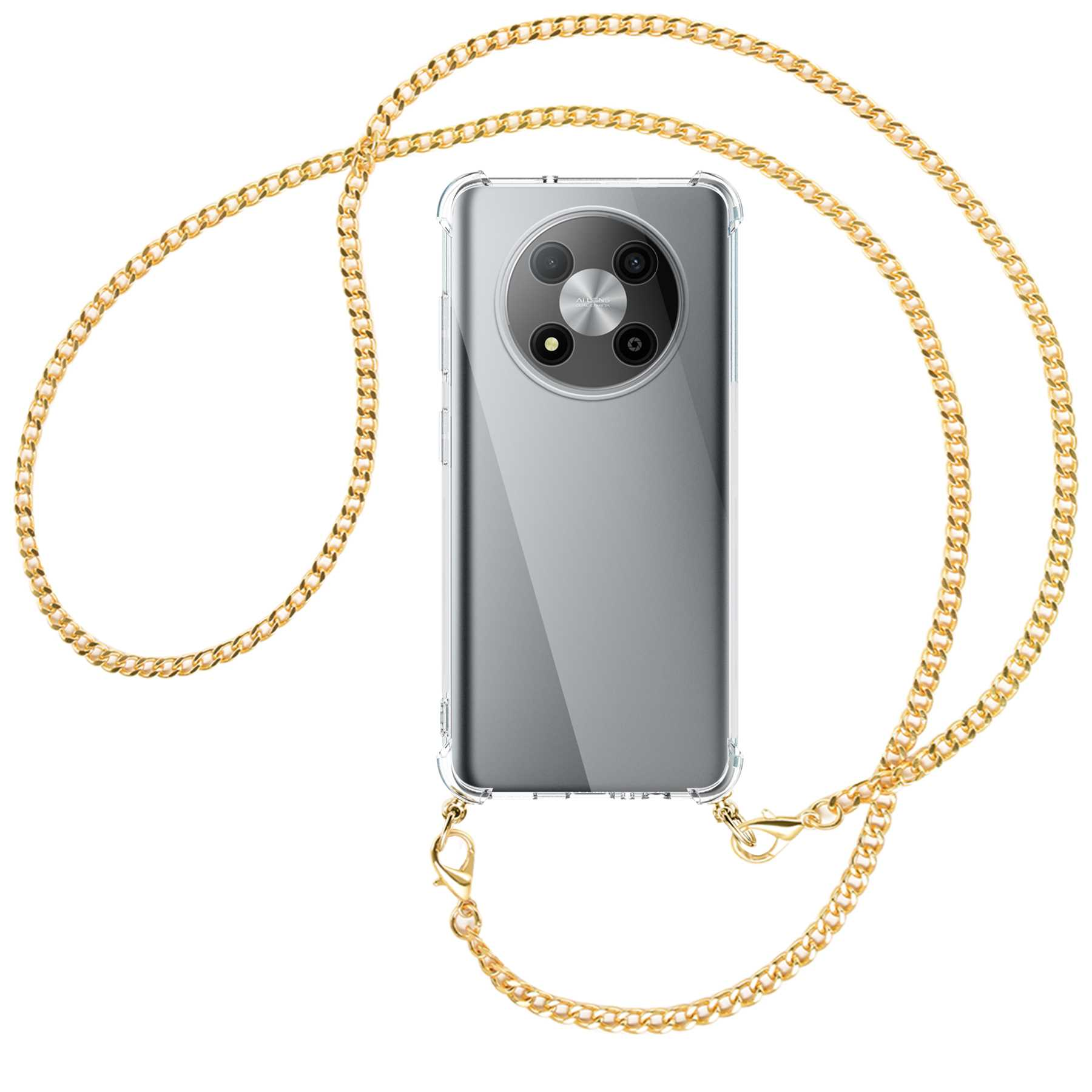 Telefon mit goldener Kette. Telefon hat eine transparente Hülle. Telefon hat eine große kreisförmige Kamera.