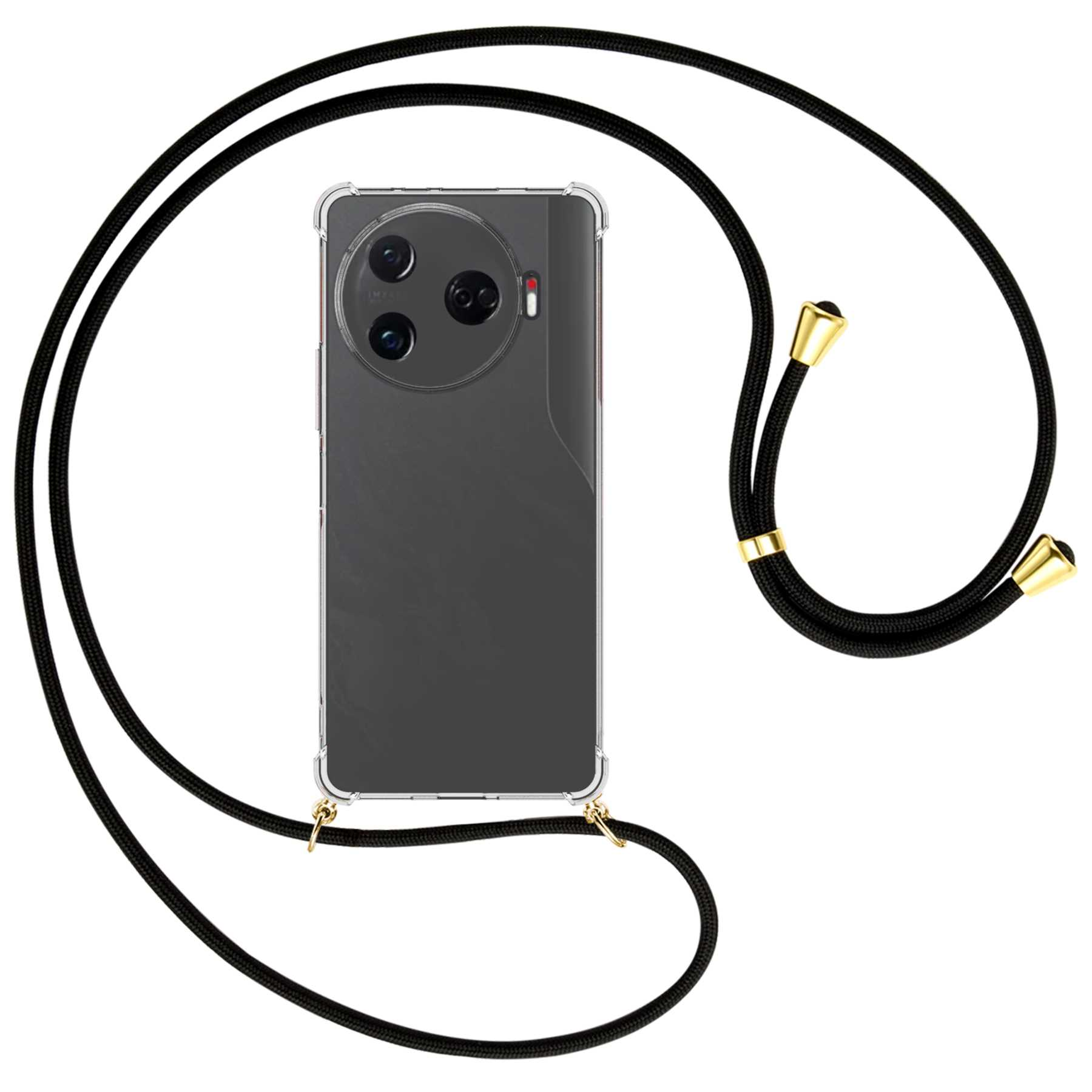 Telefon in klarer Hülle mit schwarzem Umhängeband. Goldakzente am Band.