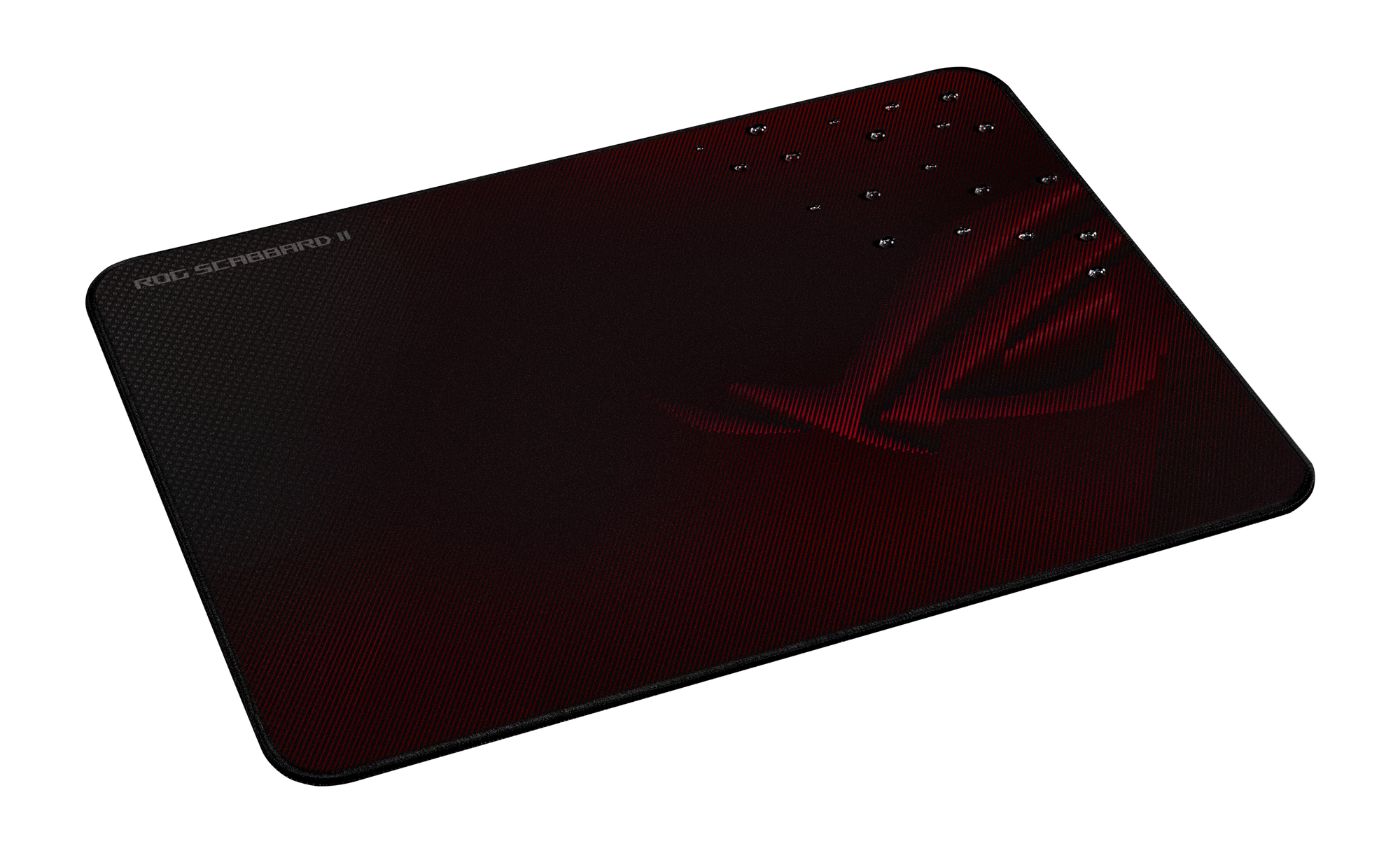 Czerwona i czarna podkładka pod mysz ROG Scabbard II na czarnym tle.