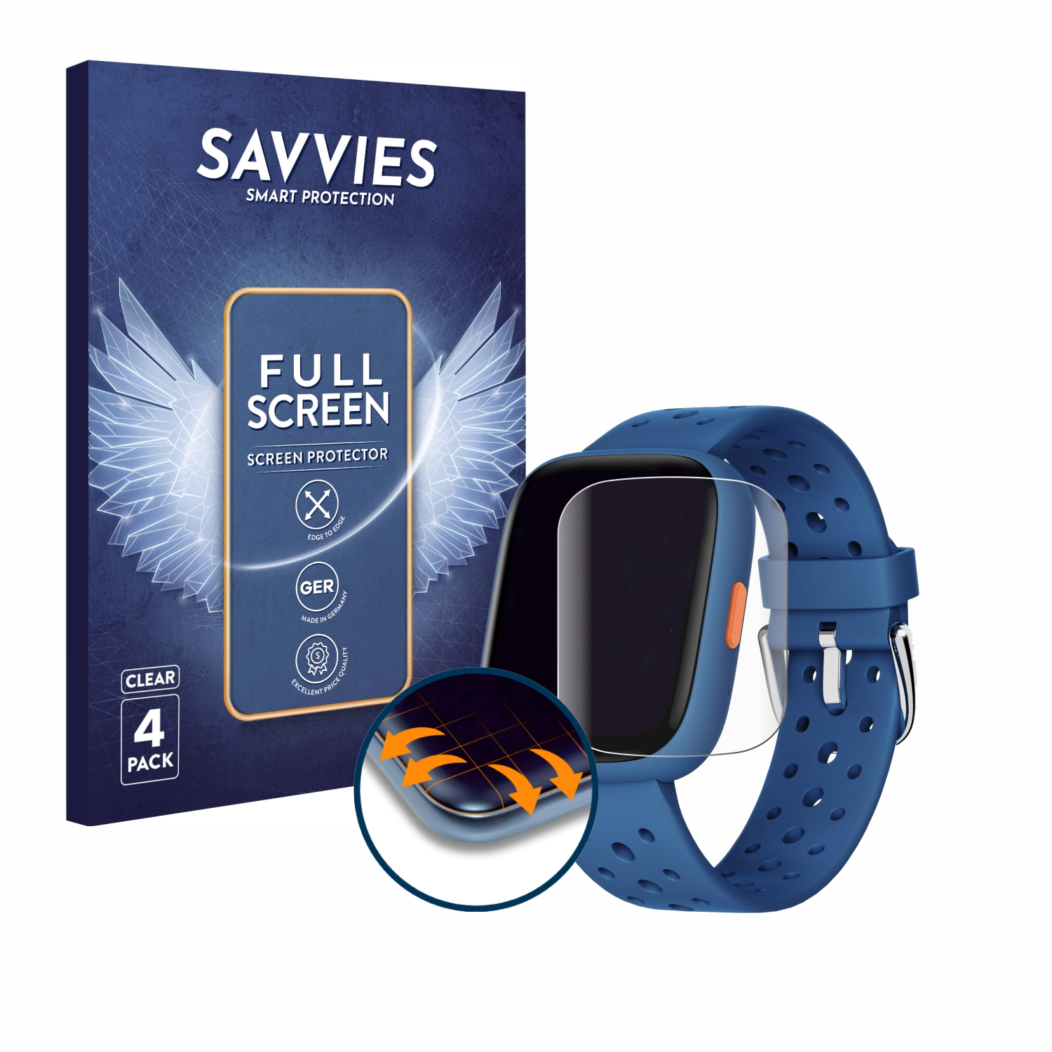 Eine blaue Smartwatch mit einem transparenten Displayschutz in einer Box. Die Uhr liegt auf einer weißen Oberfläche.