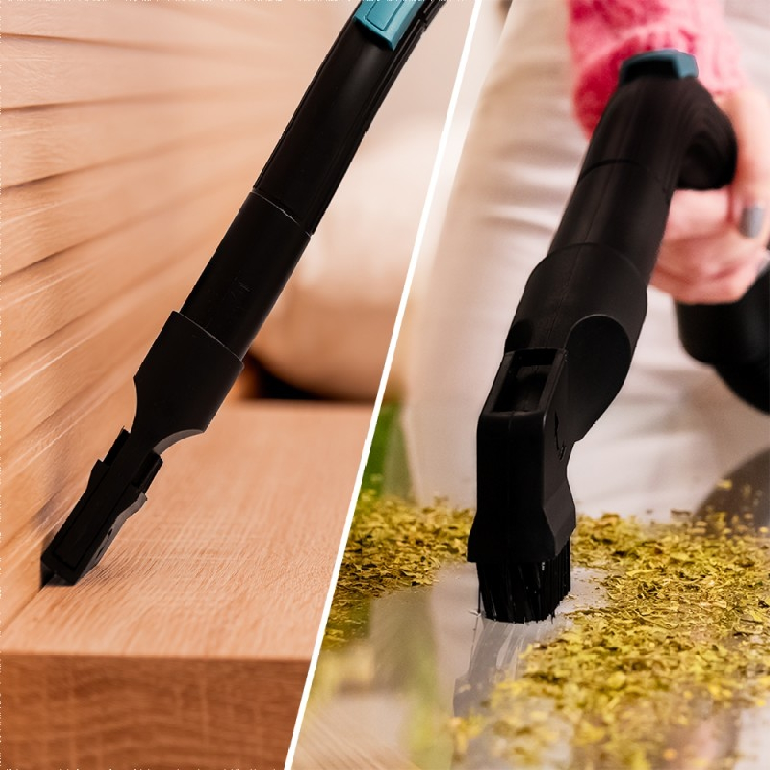 Accesorios de aspiradora limpiando una superficie de madera y recogiendo residuos.
