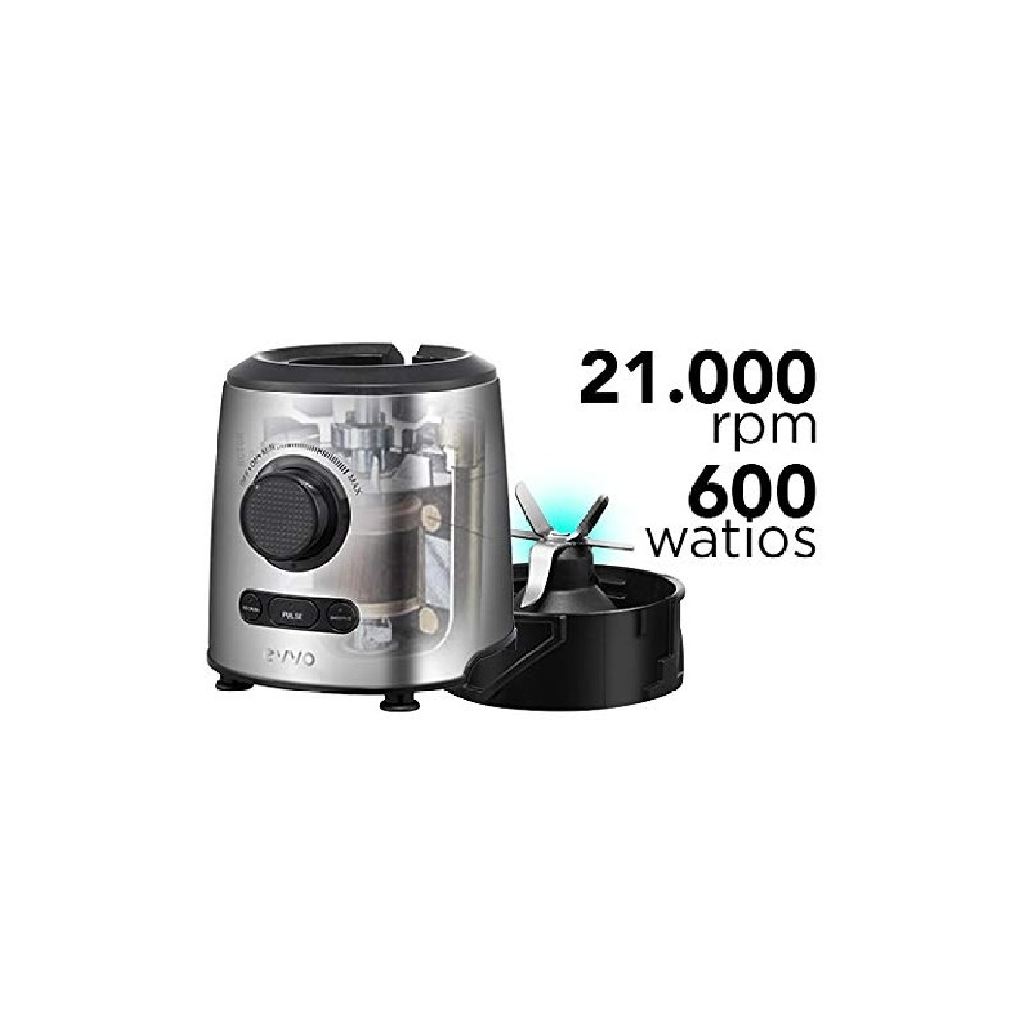 Frullatore argentato con lama, mostra 21.000 rpm e 600 watt. Base e manopola neri.