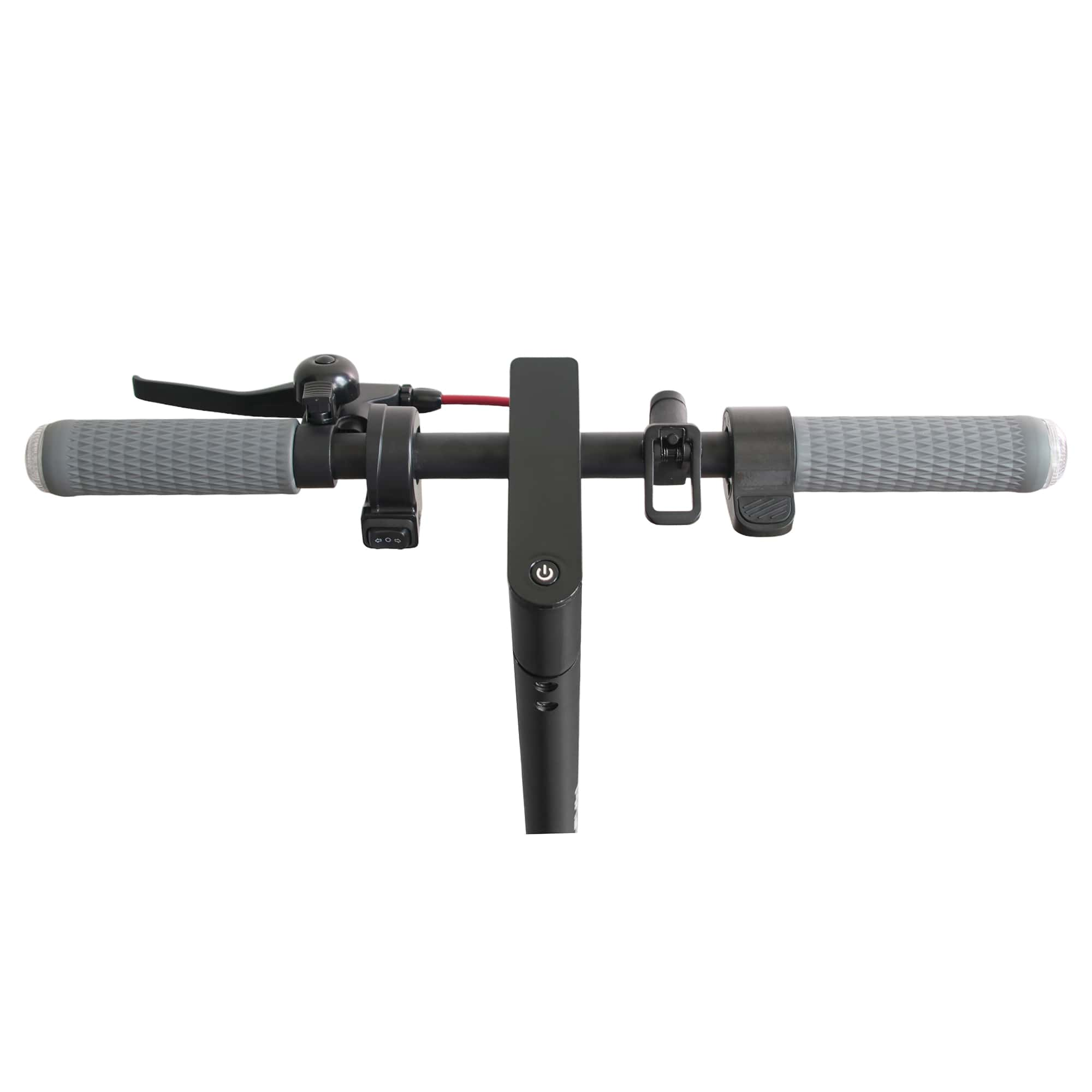 Manillar de scooter negro con empuñaduras grises. Incluye una palanca de freno, timbre y botón de encendido.
