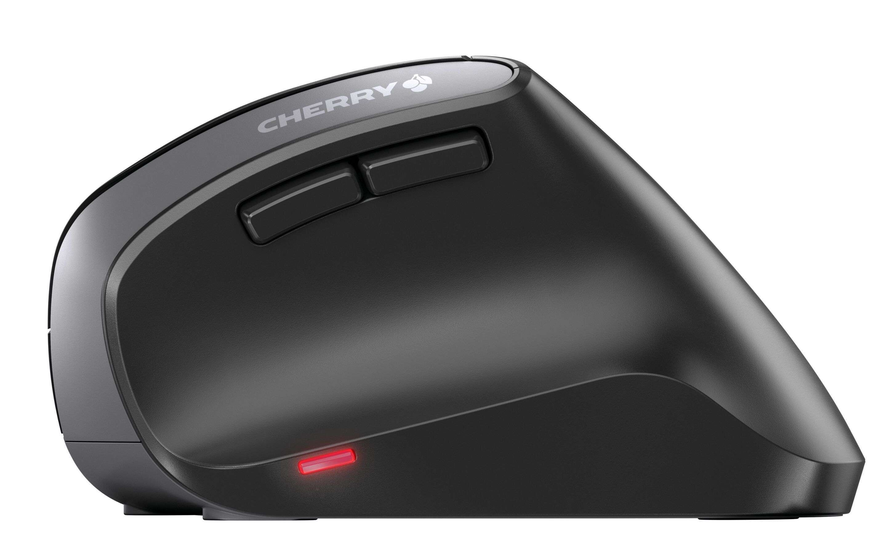 Black ergonomic mouse with buttons and a red light.