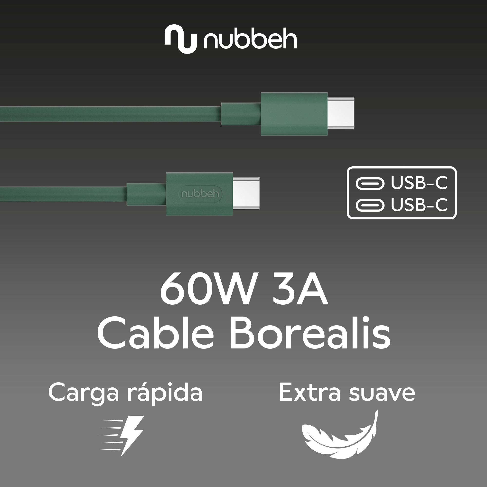 Dos cables USB-C verdes con fondo blanco. El texto dice: 60W 3A Cable Borealis. Carga rápida.