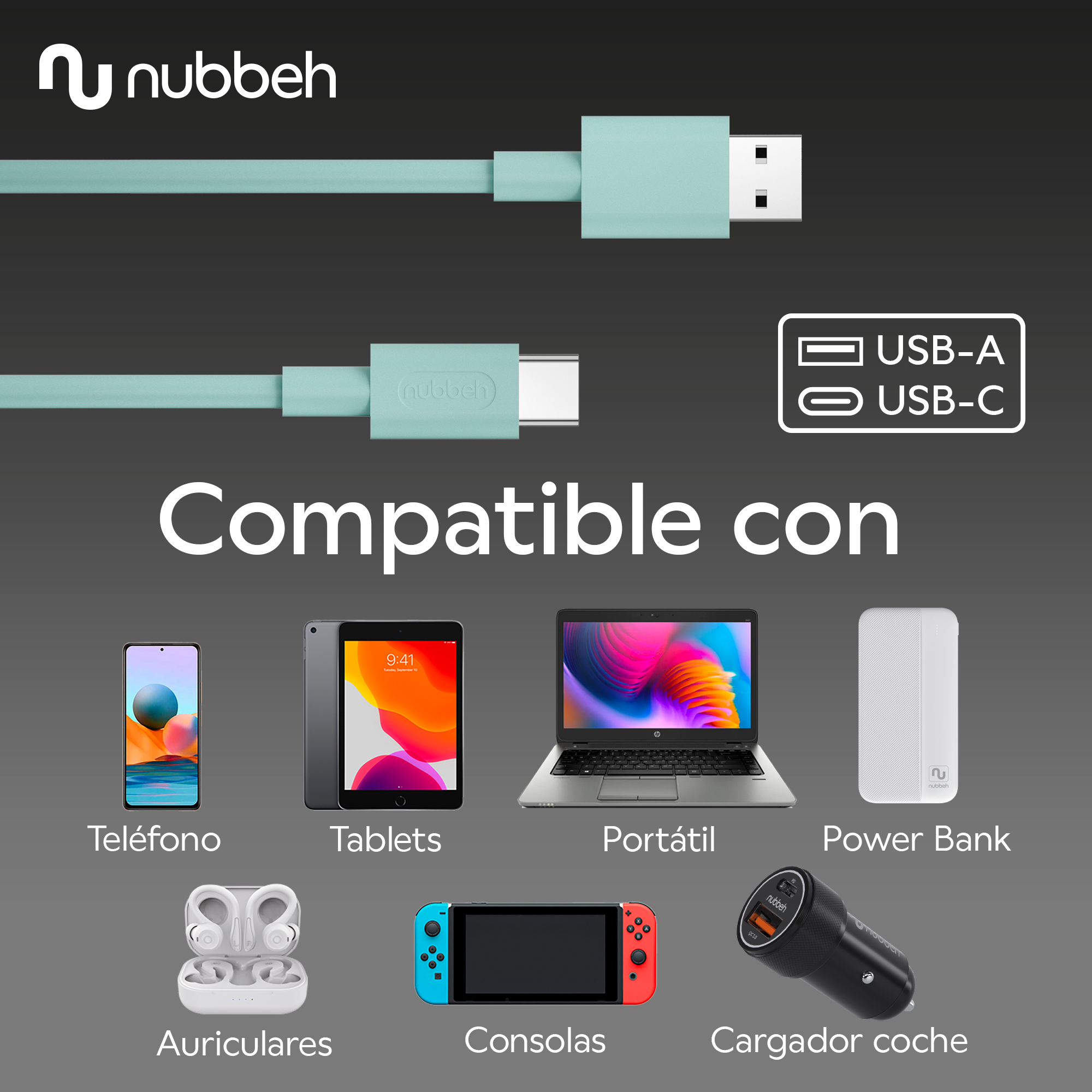 Exhibición de productos con teléfono, tabletas, portátil, batería externa y otros.