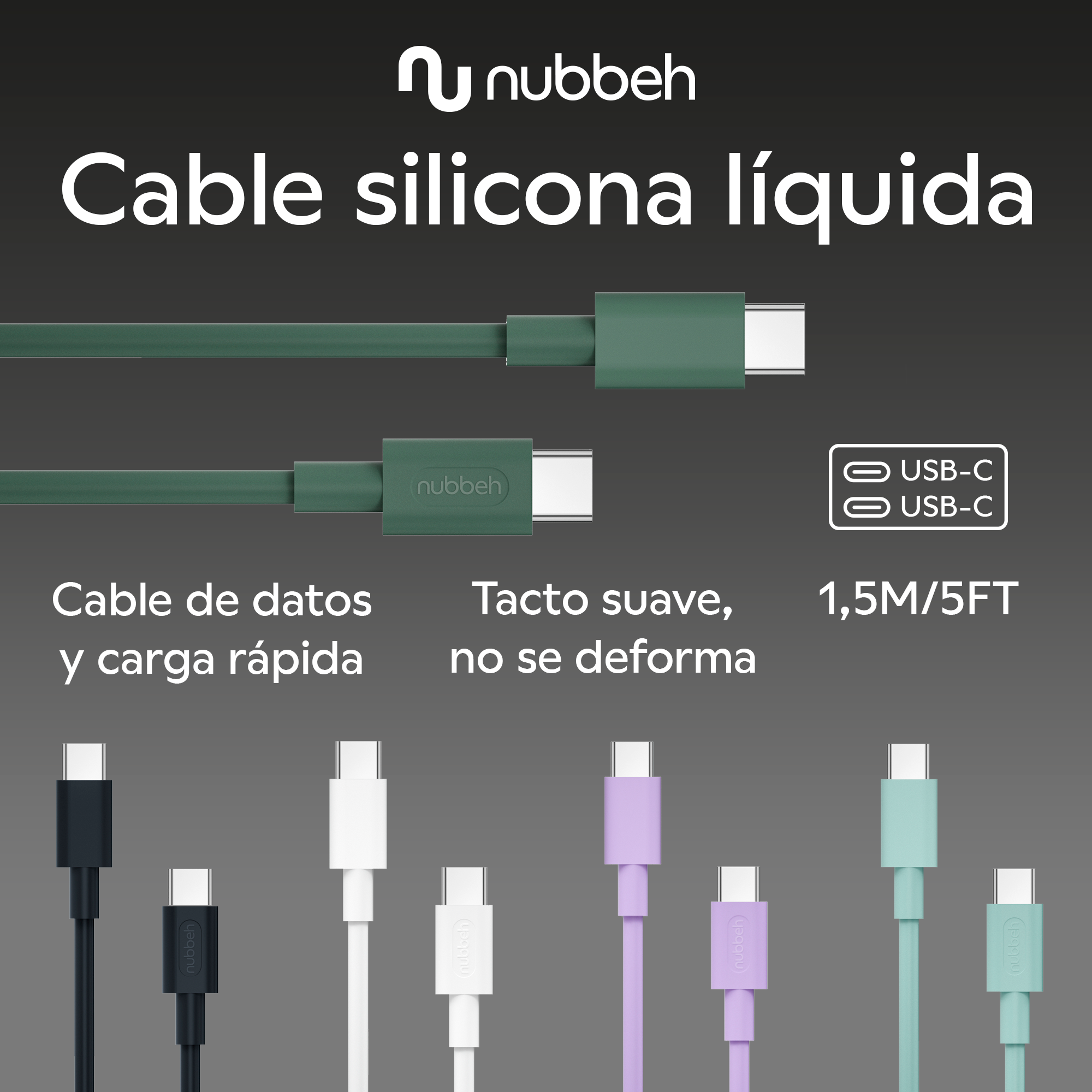 Toma de producto de cables USB-C en varios colores con nombre de marca y descripción de texto.