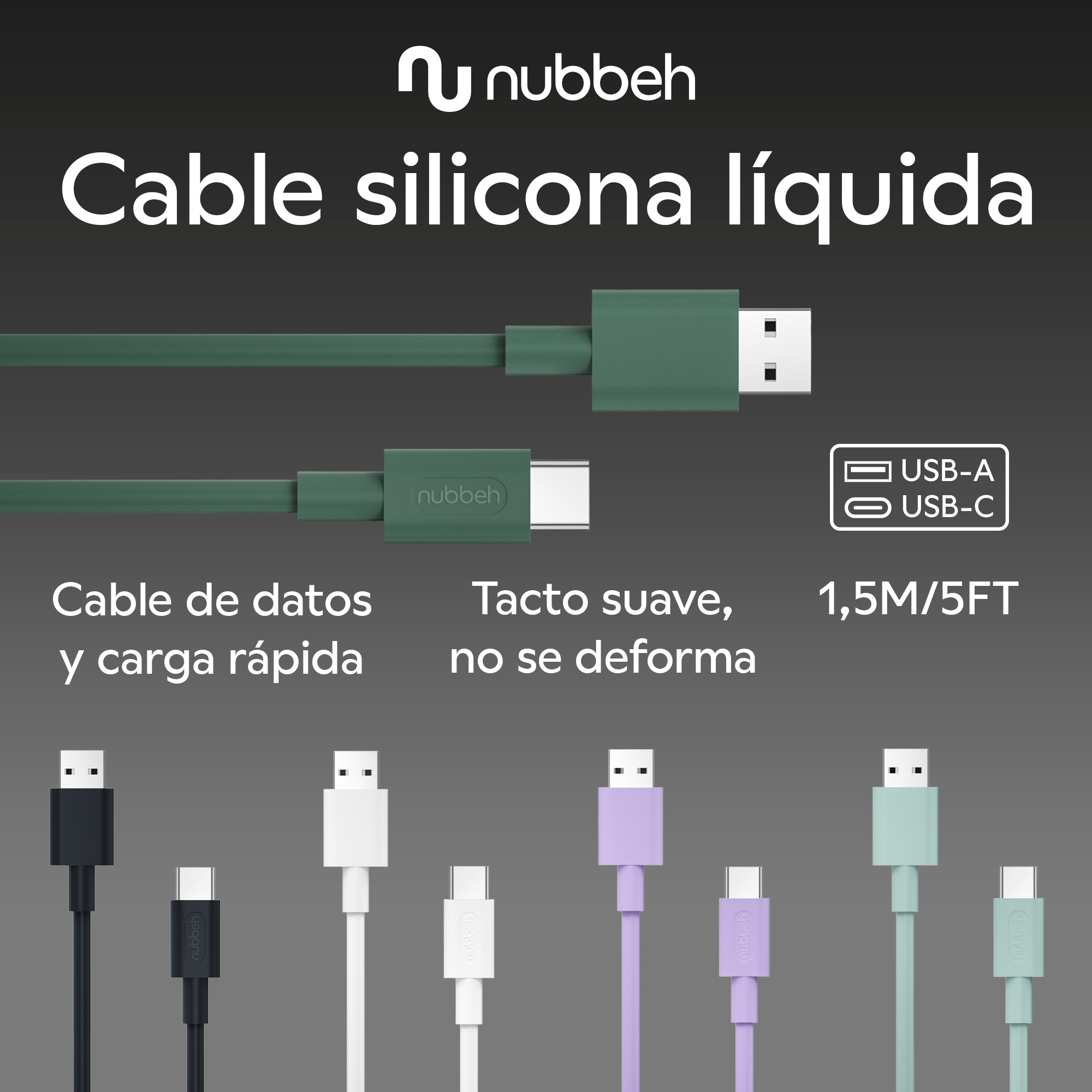 Múltiples cables USB coloridos con texto sobre un fondo blanco.