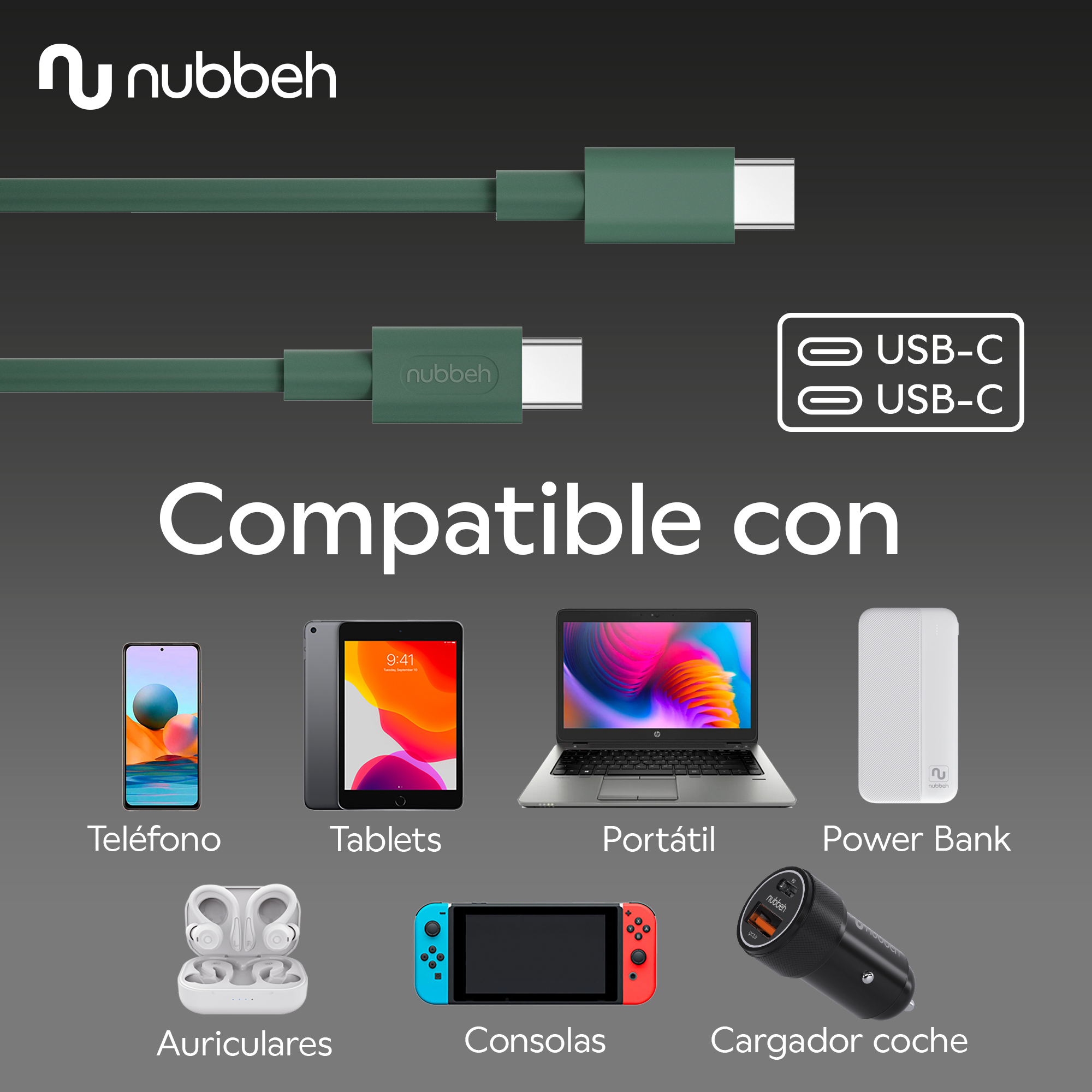 Cables USB-C verdes y dispositivos compatibles, incluyendo teléfono, tableta y portátil.
