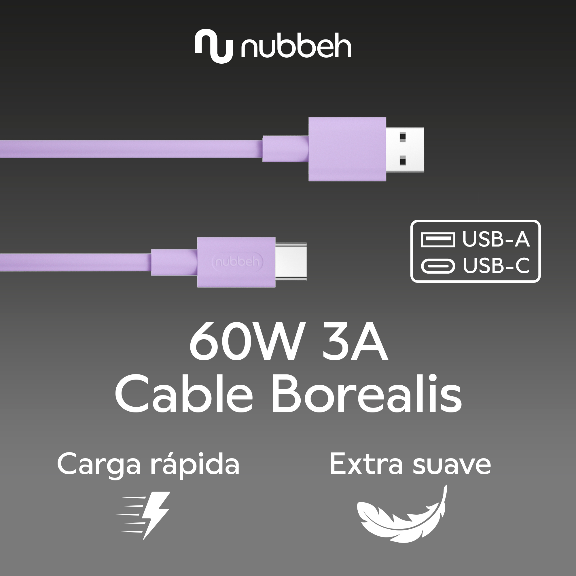 Cable USB-C morado con texto. Aislado sobre fondo blanco.