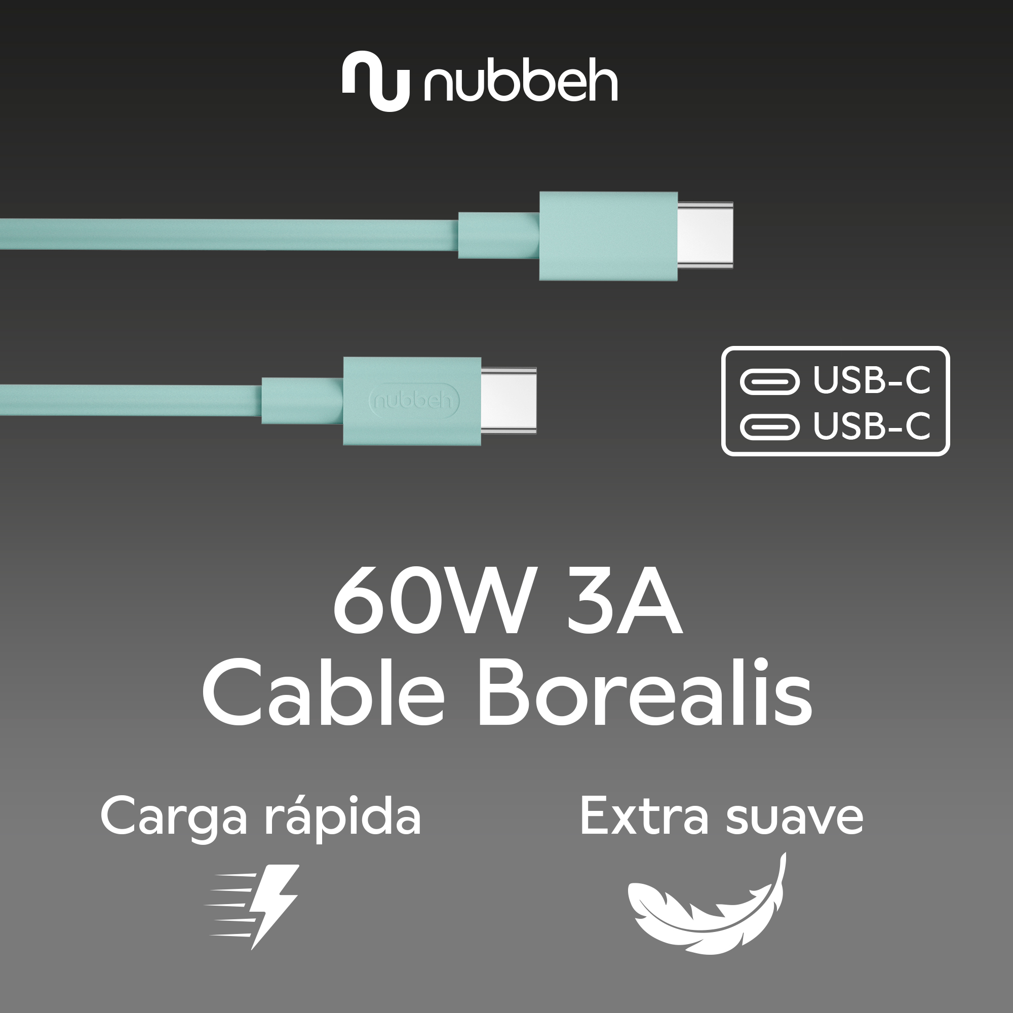 Dos cables USB-C, verde menta. Texto: 60W 3A Cable Borealis. Fondo blanco.