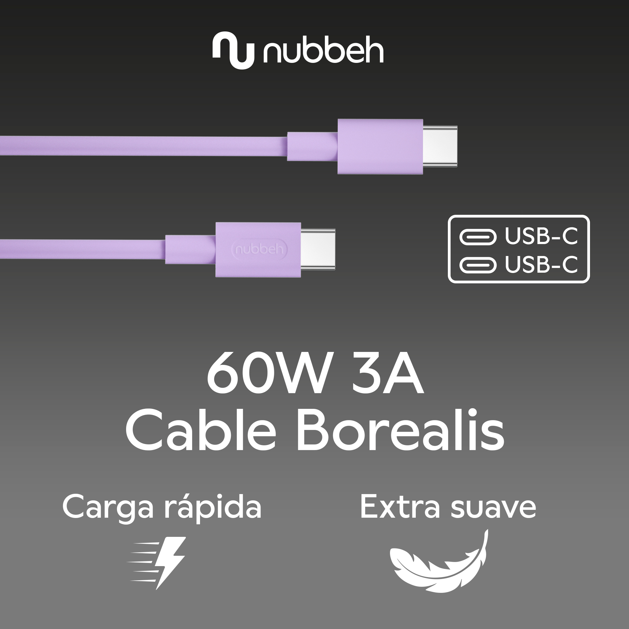 Dos cables USB-C morados con etiqueta de texto e información sobre carga y tacto suave.
