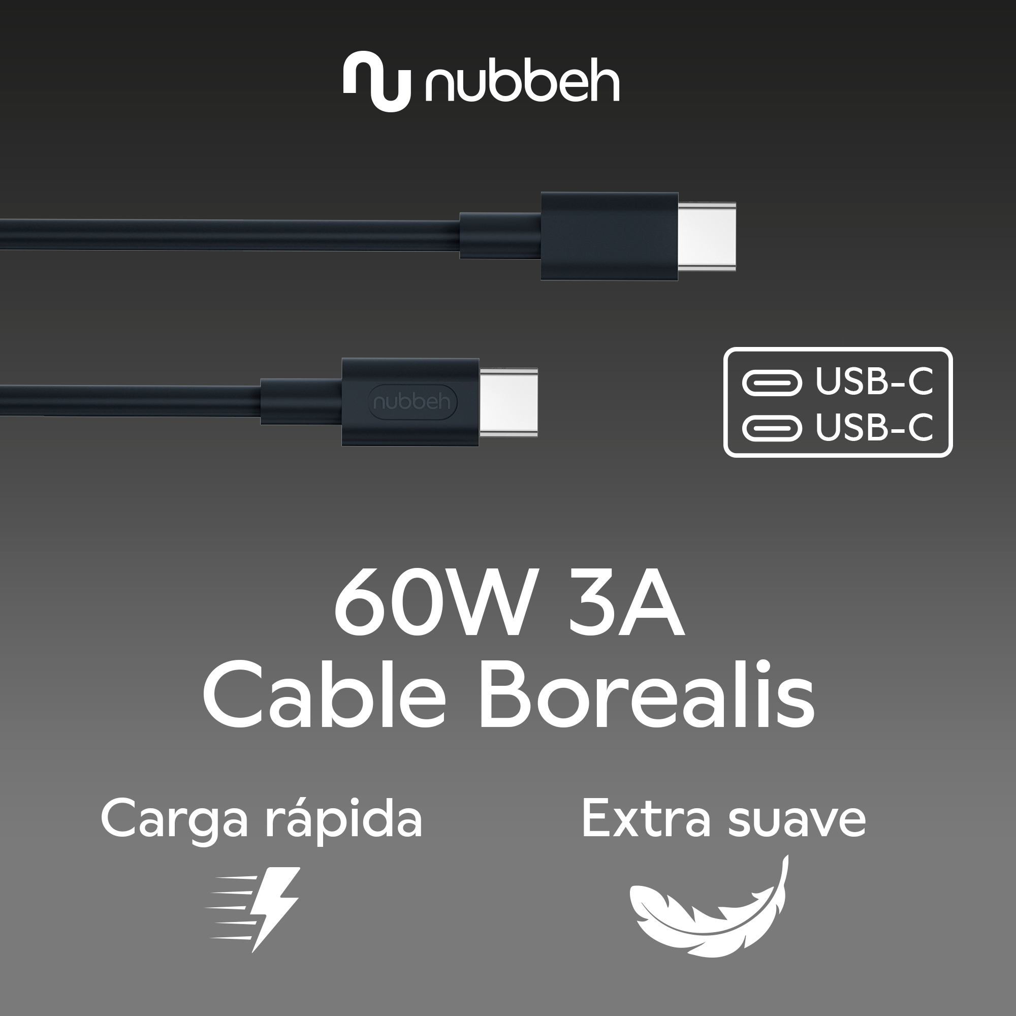 Dos cables USB-C negros con texto blanco sobre fondo gris. Texto: 60W 3A y Cable Borealis.