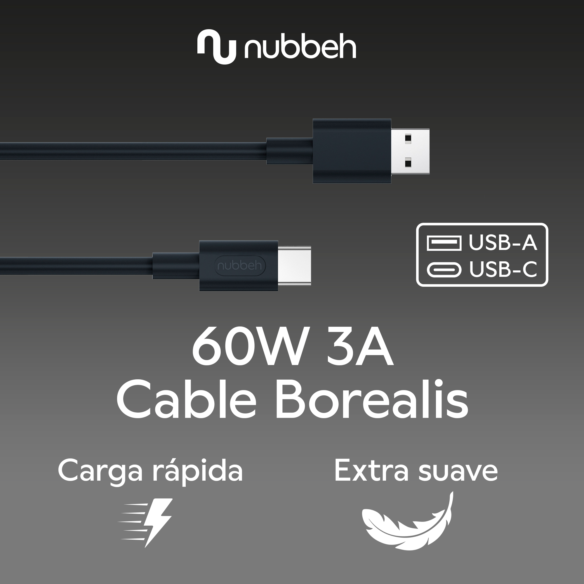 Cable USB-C negro con texto y logotipos, fondo blanco.