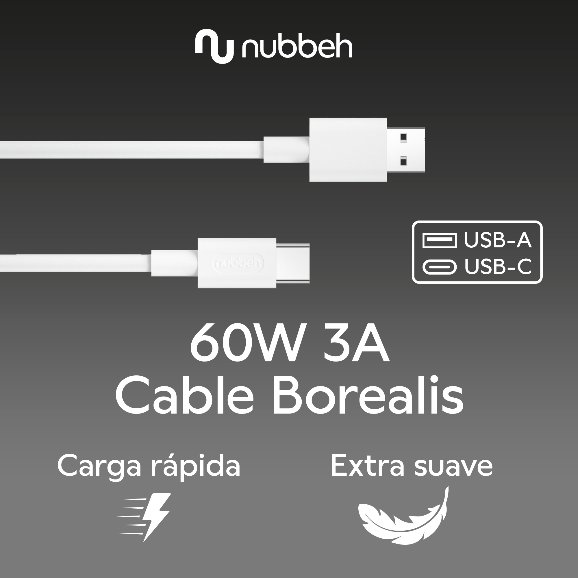 Cable USB-A a USB-C blanco con texto e iconos, aislado sobre fondo gris.