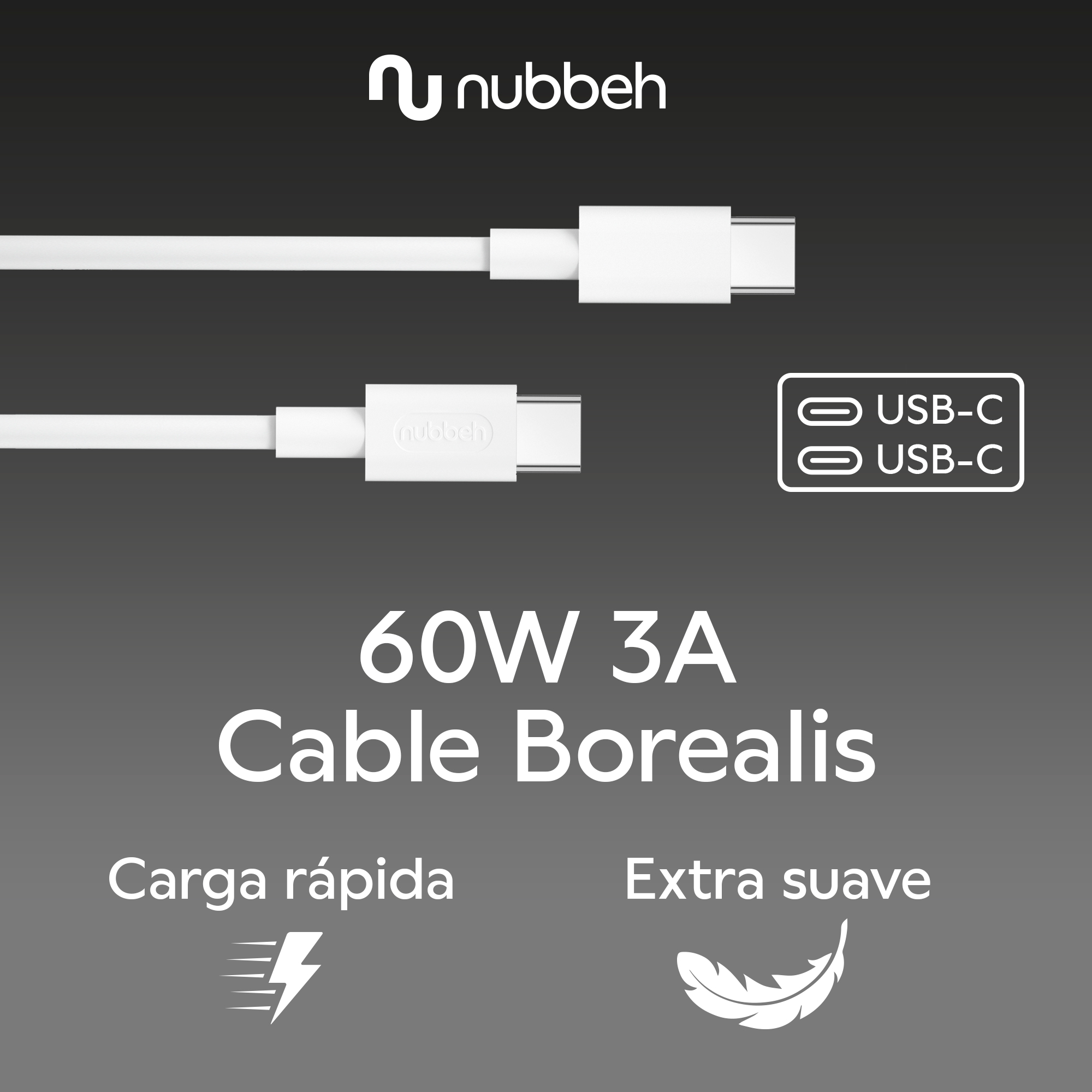 Cables USB-C blancos con logo de la marca. Texto: 60W 3A Cable Borealis. Fondo blanco.
