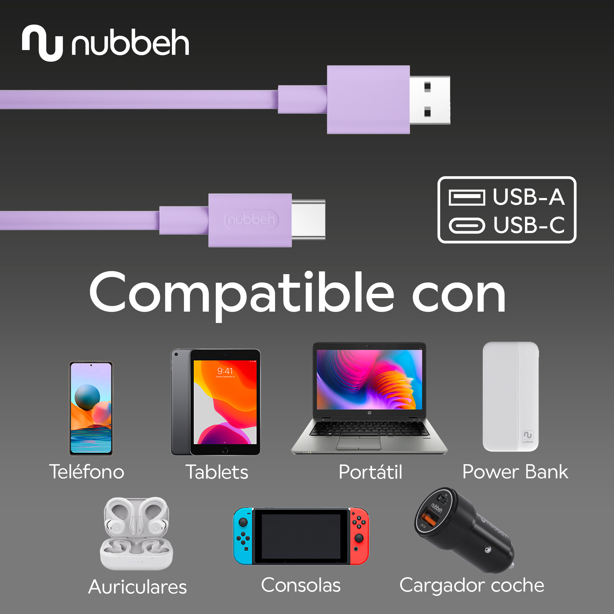 La imagen muestra un cable USB morado, con conectores USB-A y USB-C, y varios dispositivos.