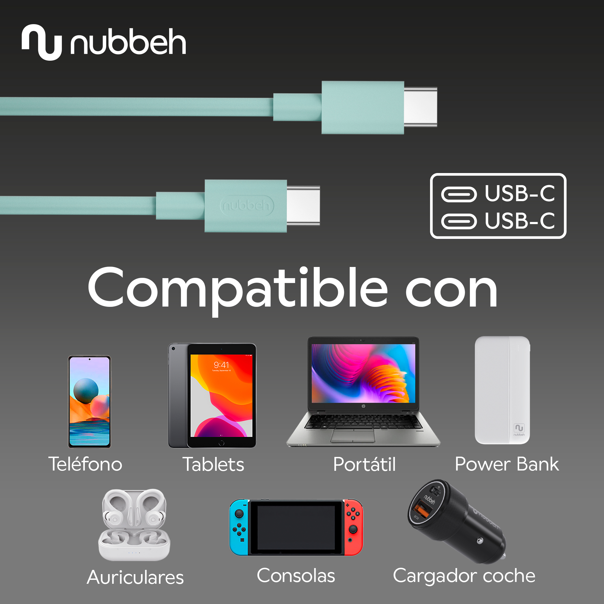 Una imagen del producto, con cables USB-C y dispositivos compatibles con ellos, incluidos teléfonos y portátiles.