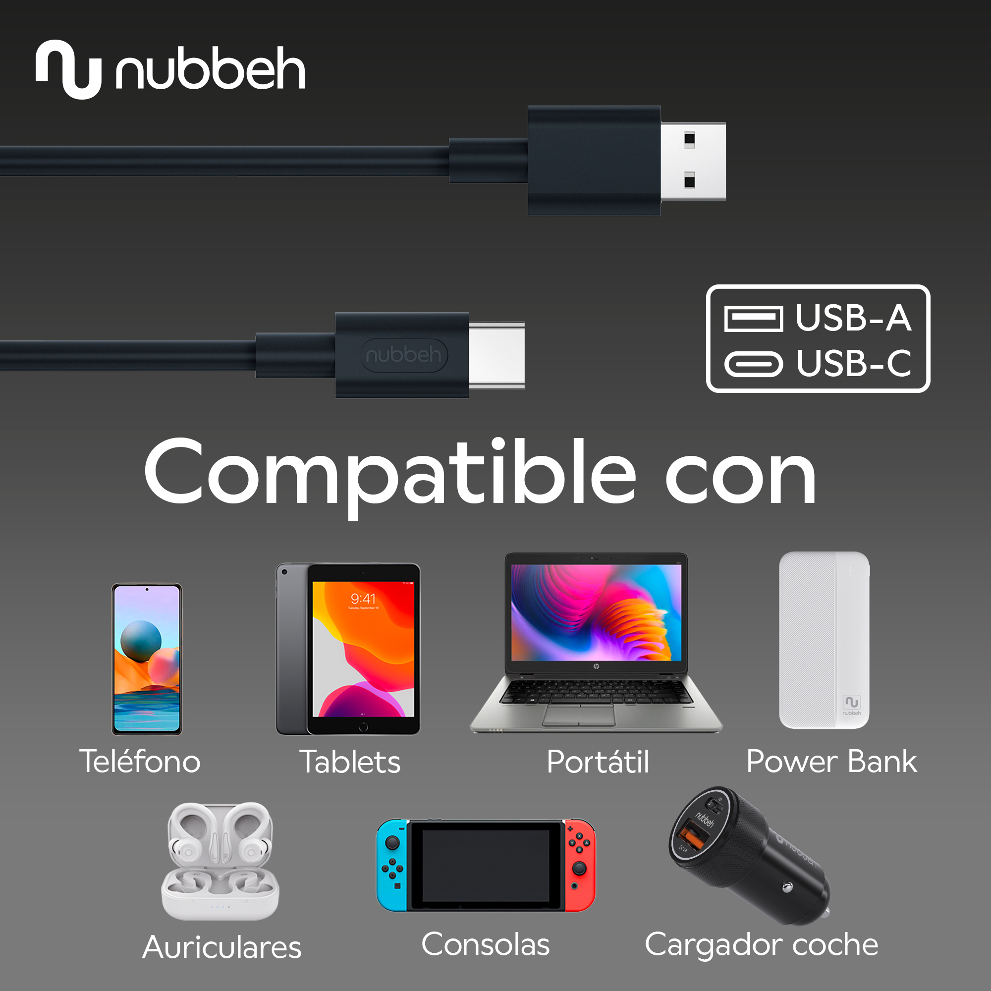 Cables USB con conectores USB-A y USB-C, dispositivos compatibles.