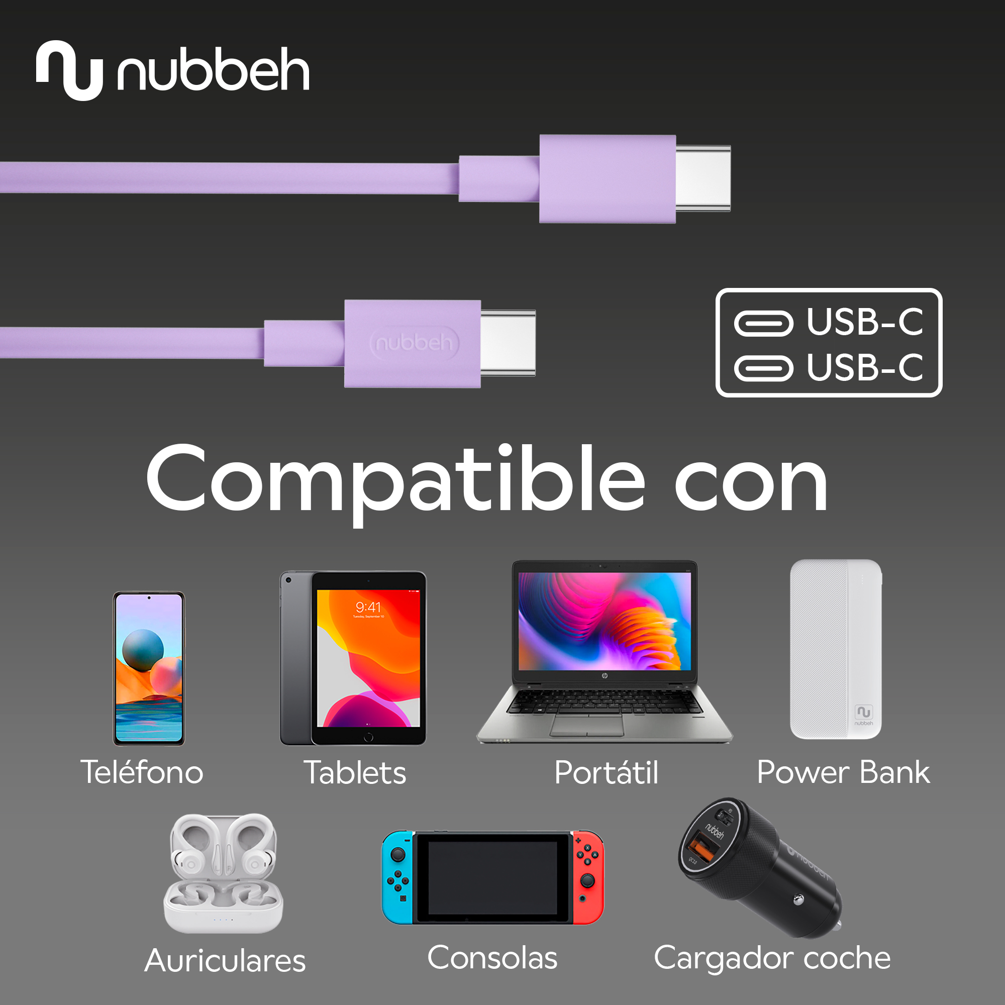 Imagen promocional de un cable USB-C, con dispositivos compatibles y un logotipo de marca.