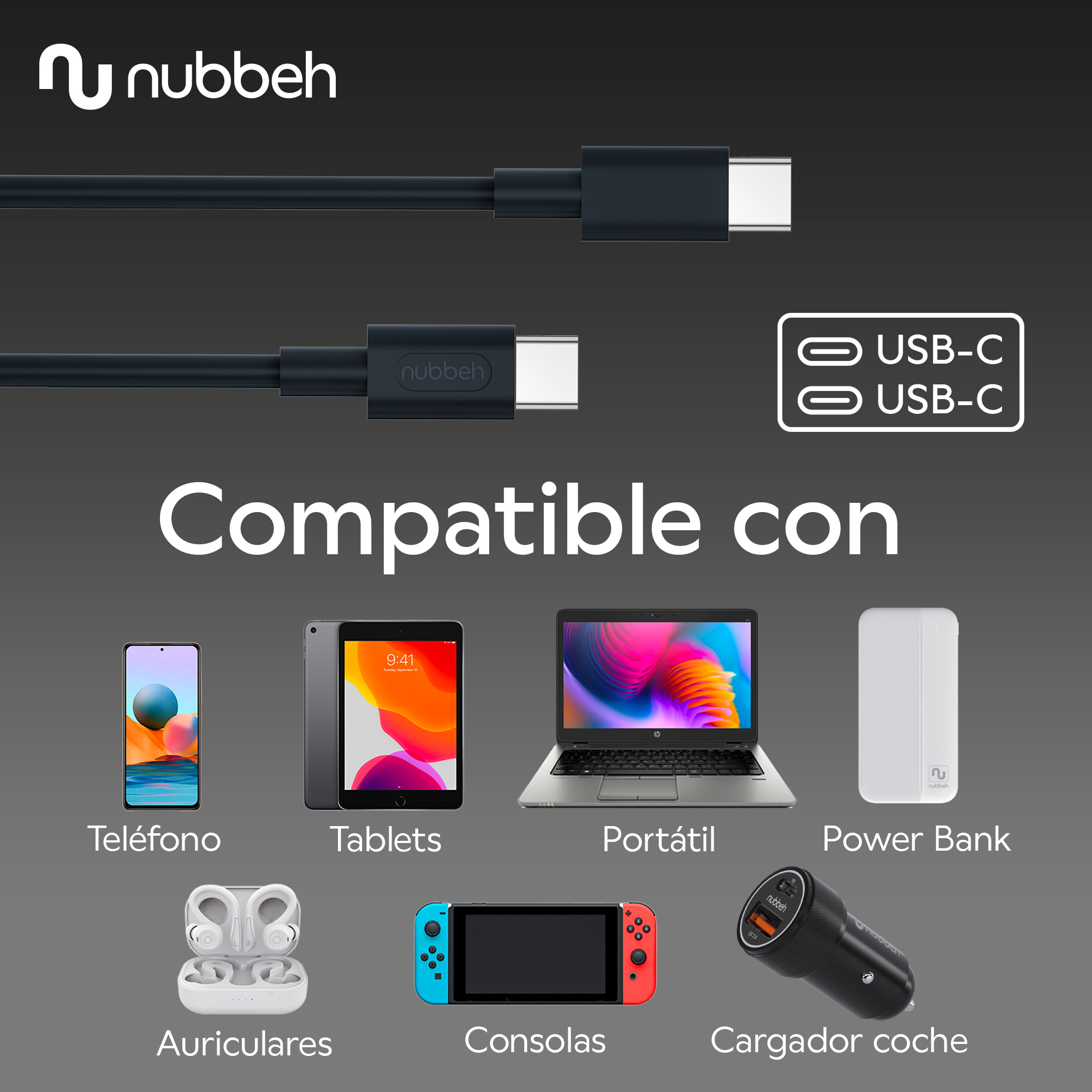 Cables USB-C negros y dispositivos compatibles: teléfono, tableta, portátil, banco de energía, auriculares, consola, cargador de coche.