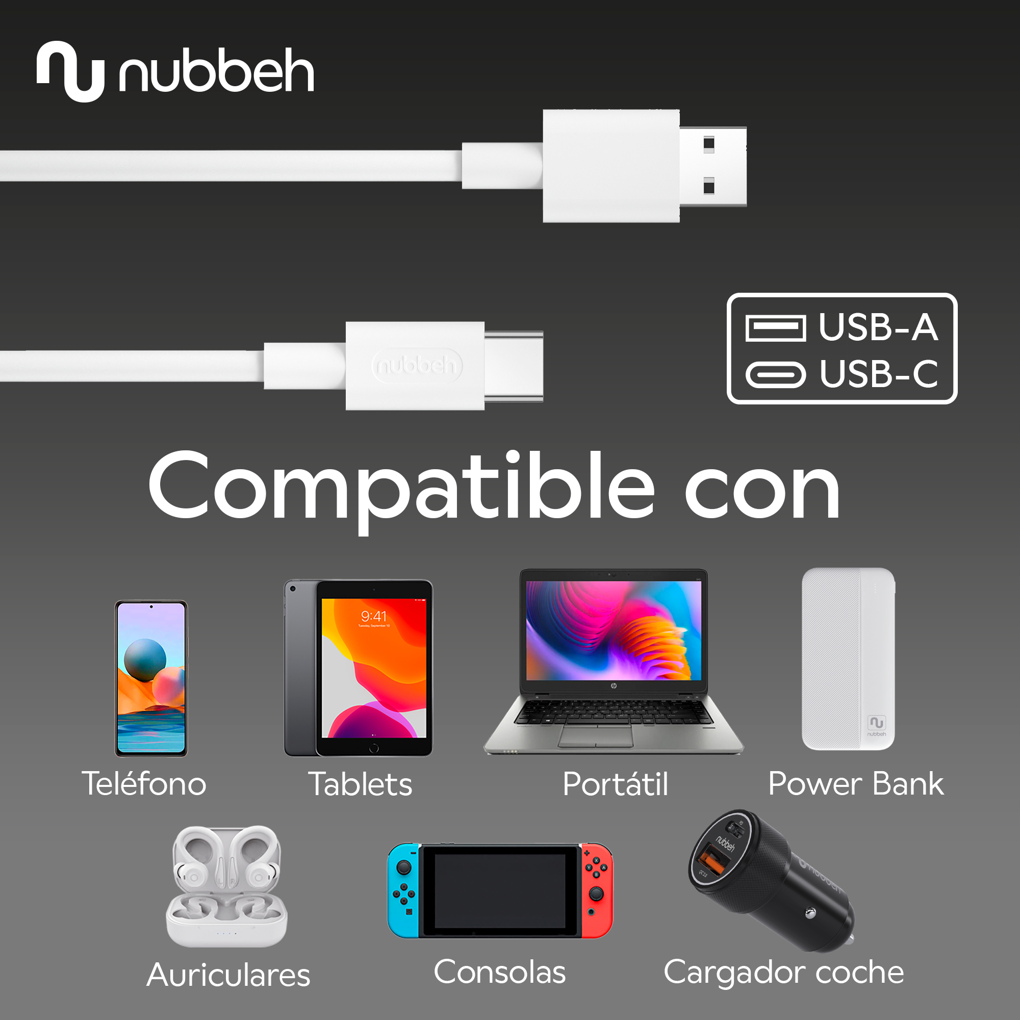Un anuncio de producto muestra varios dispositivos electrónicos con puertos USB-A y USB-C para compatibilidad.
