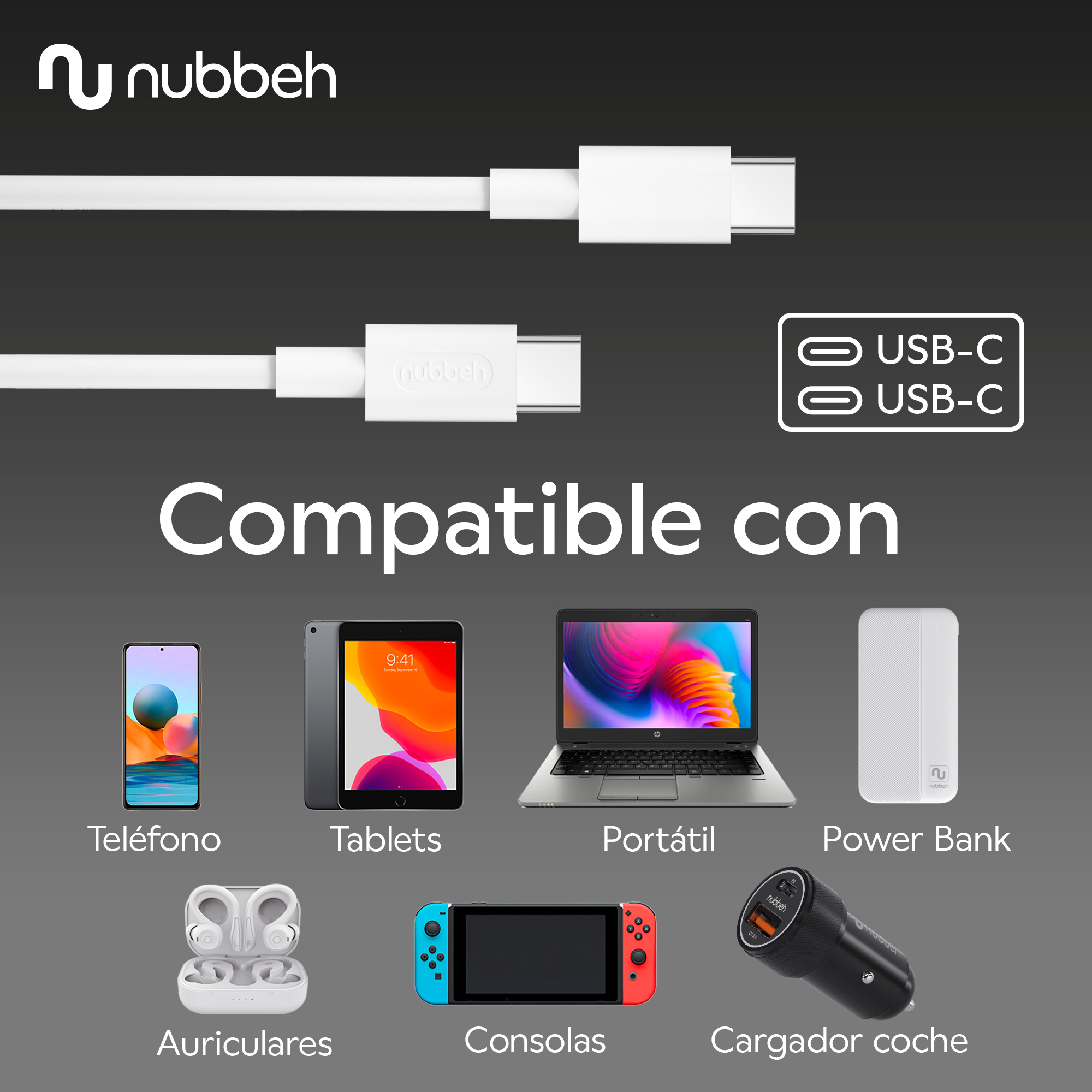 Cables USB blancos y varios dispositivos. Texto: Compatible con.