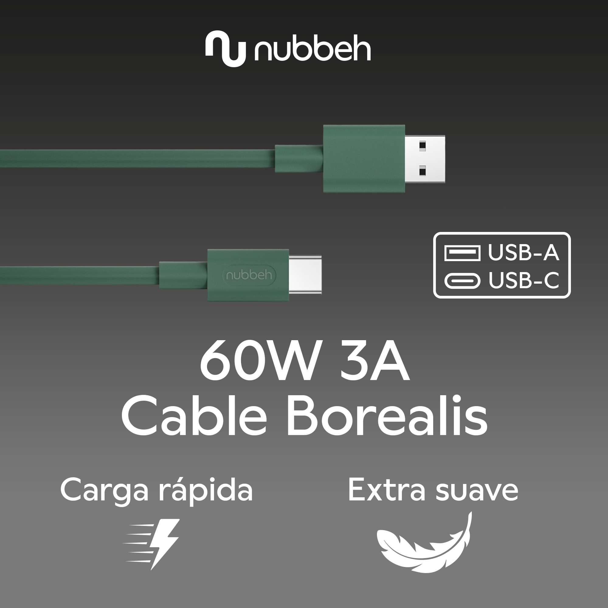 Cable verde USB-A a USB-C con texto '60W 3A Cable Borealis' e iconos sobre fondo gris.