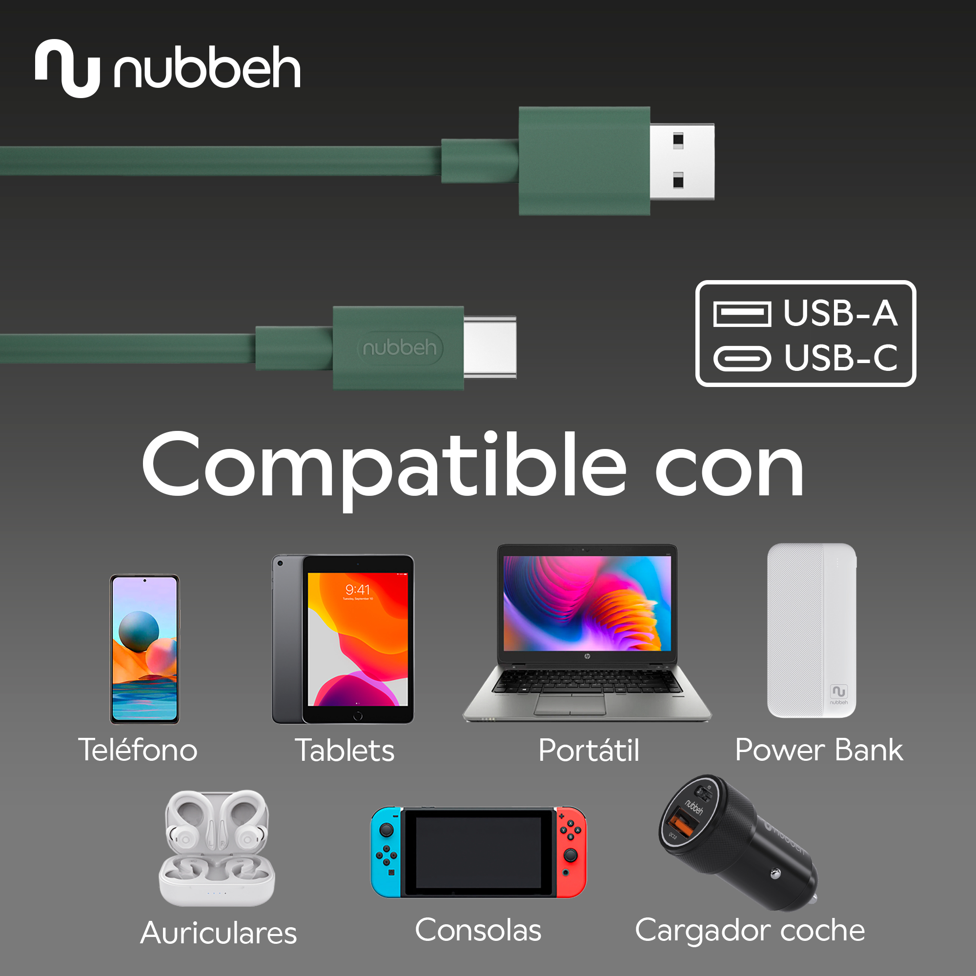 Cables USB y diferentes dispositivos, incluyendo un teléfono, tableta, portátil y consola de juegos.