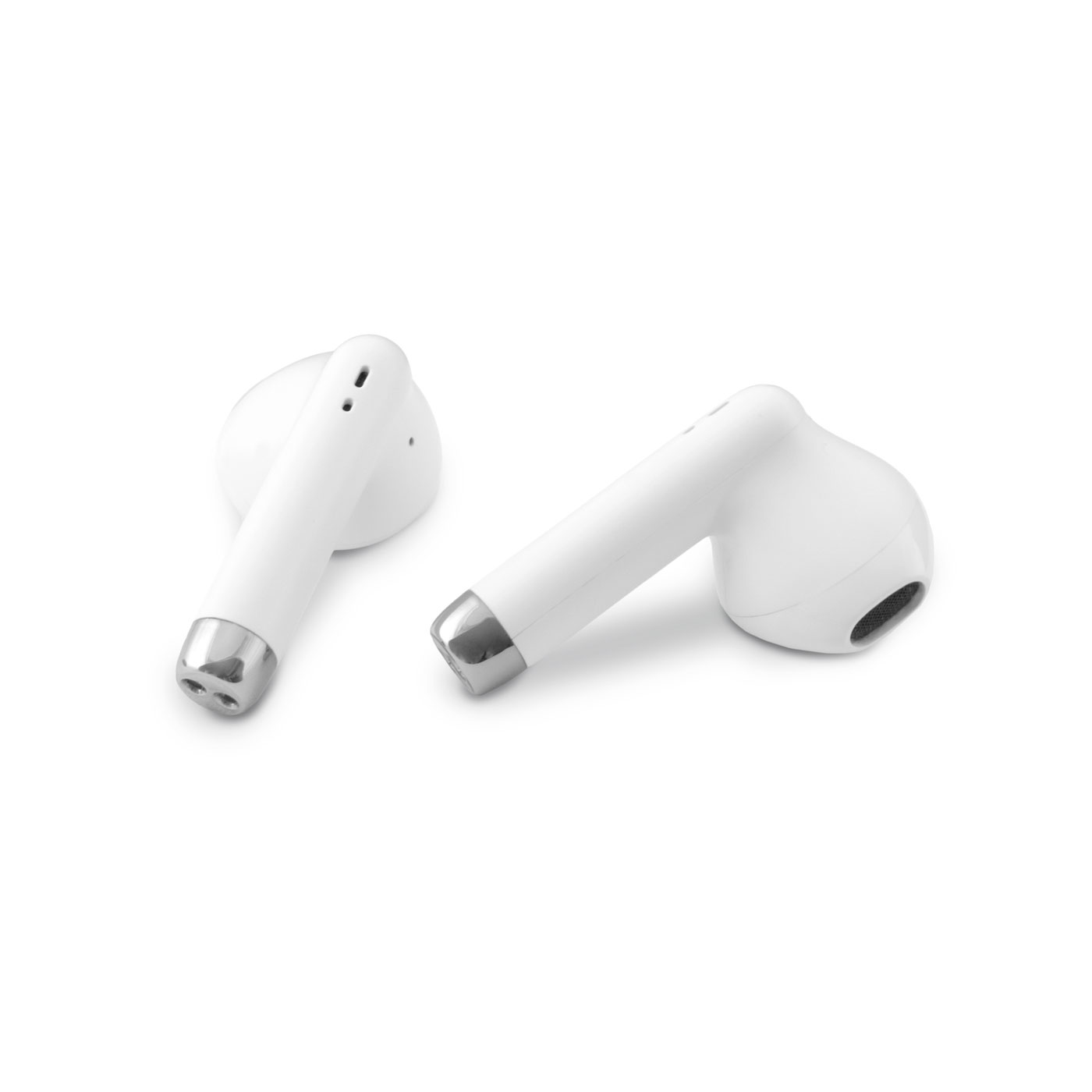 Dos auriculares inalámbricos blancos con detalles plateados.