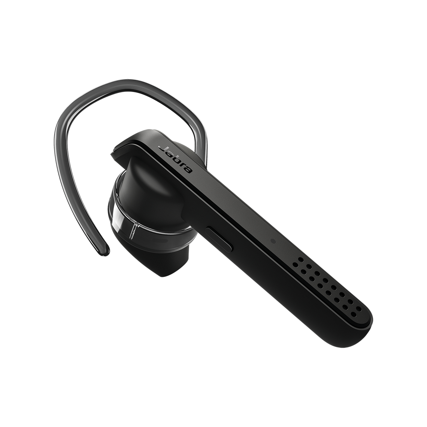 Auricular Bluetooth Jabra negro. Tiene un gancho para la oreja curvo y un brazo de micrófono largo.