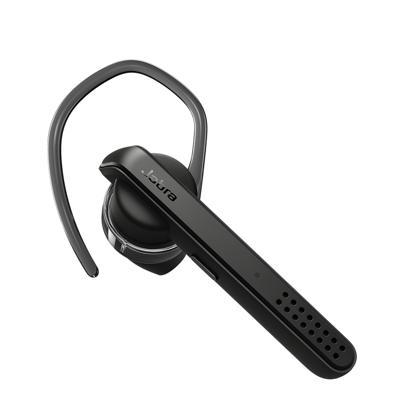 Un auricular Bluetooth negro con un gancho para la oreja curvado, un micrófono y un diseño elegante.