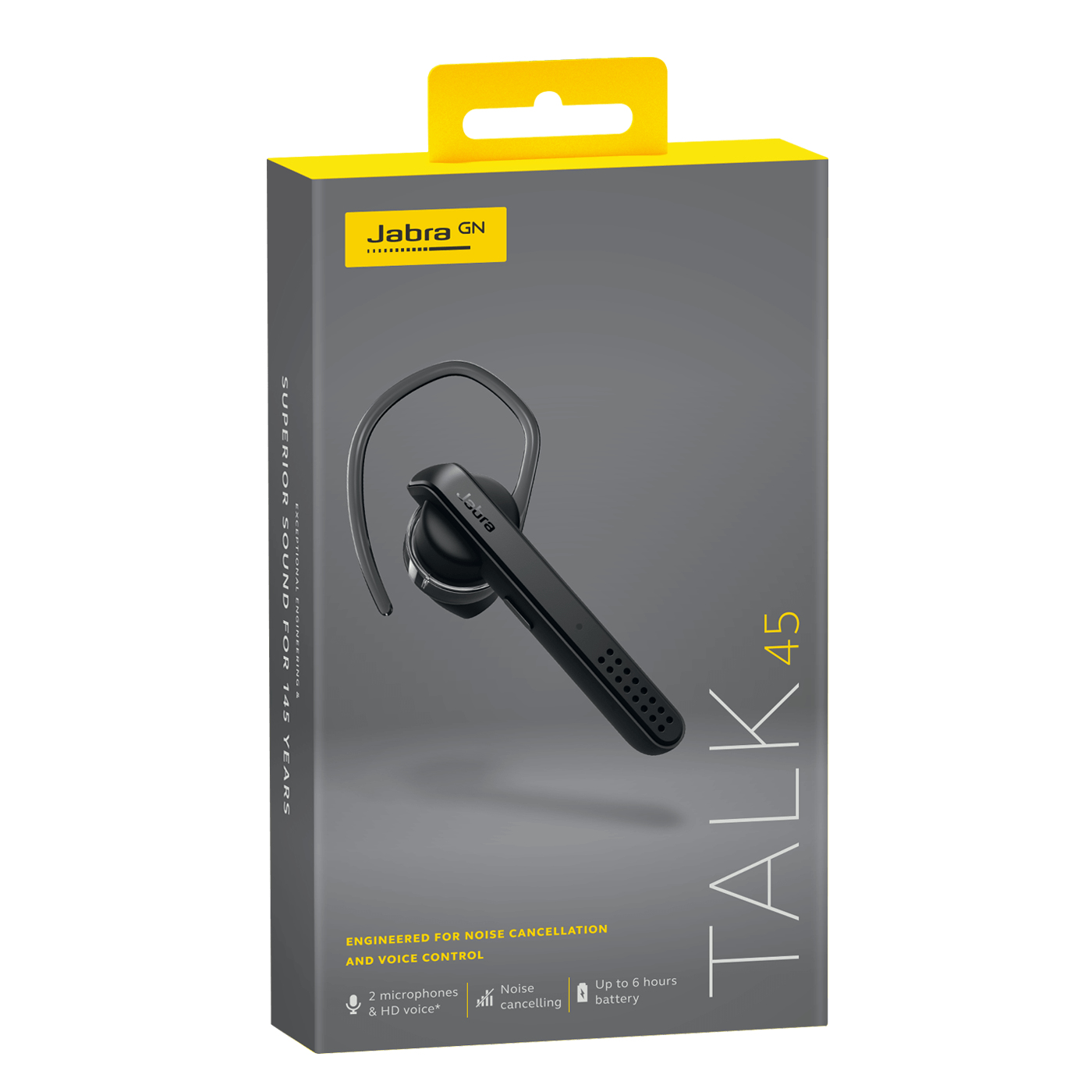 Caja de auriculares Jabra Talk 45 negra. La caja es negra y gris con los auriculares dentro.