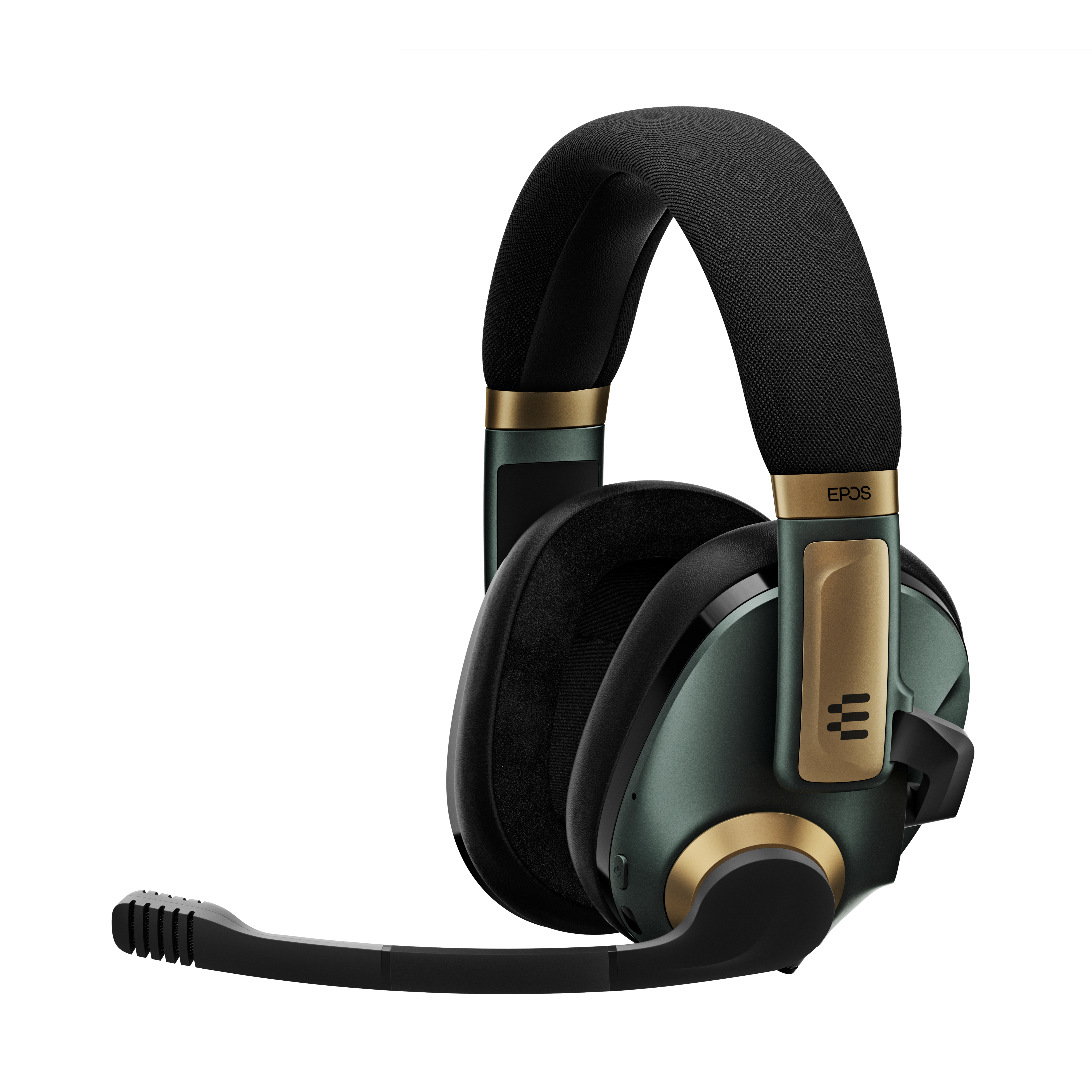 Grünes und schwarzes EPOS Gaming-Headset mit Mikrofon. Goldakzente, weißer Hintergrund.