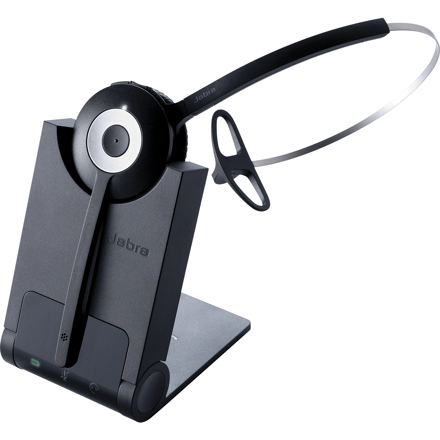 Cuffie Jabra nere con base di ricarica. Design argento e nero.