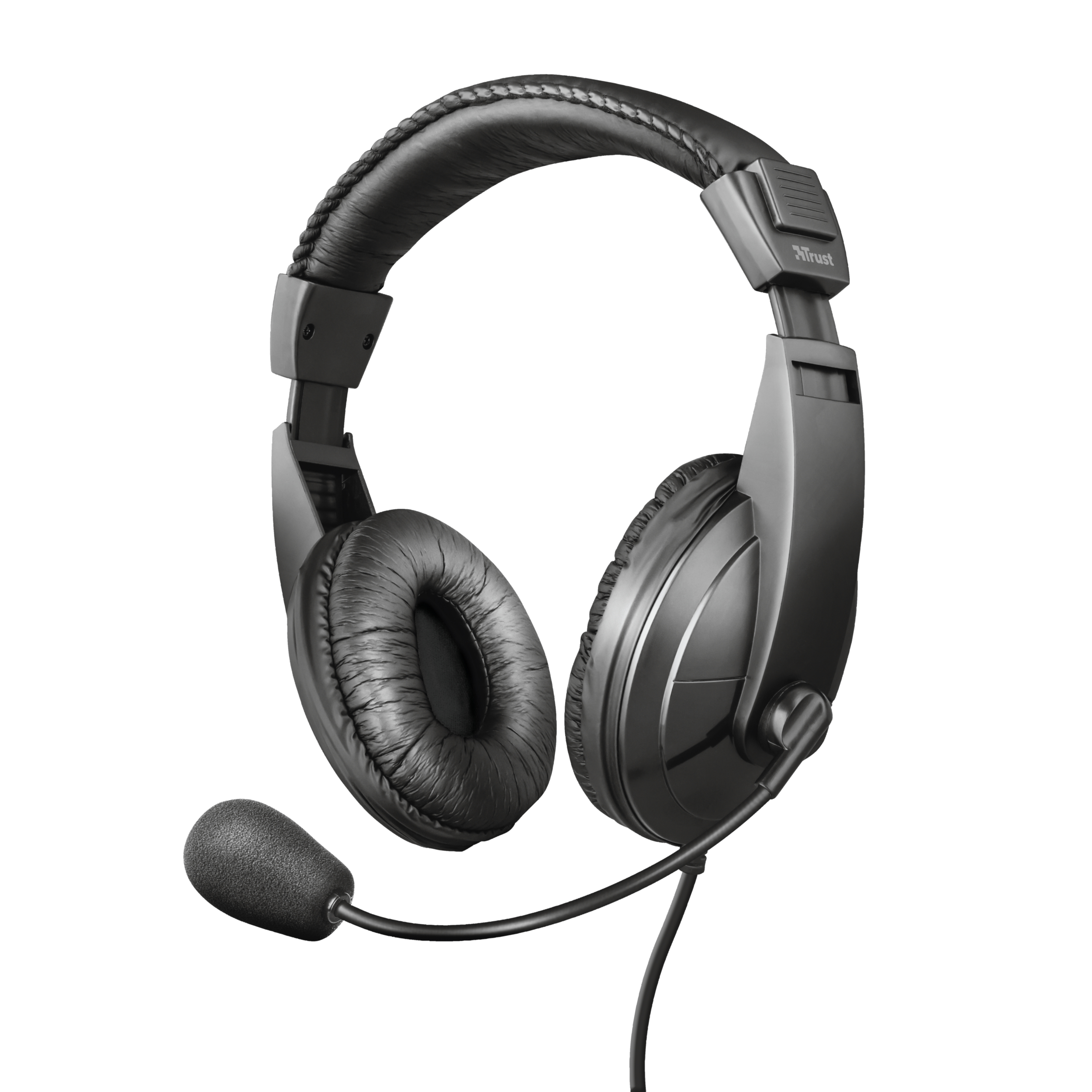 Schwarzes Headset mit Mikrofon. Mit gepolsterten Ohrmuscheln und Bügel.