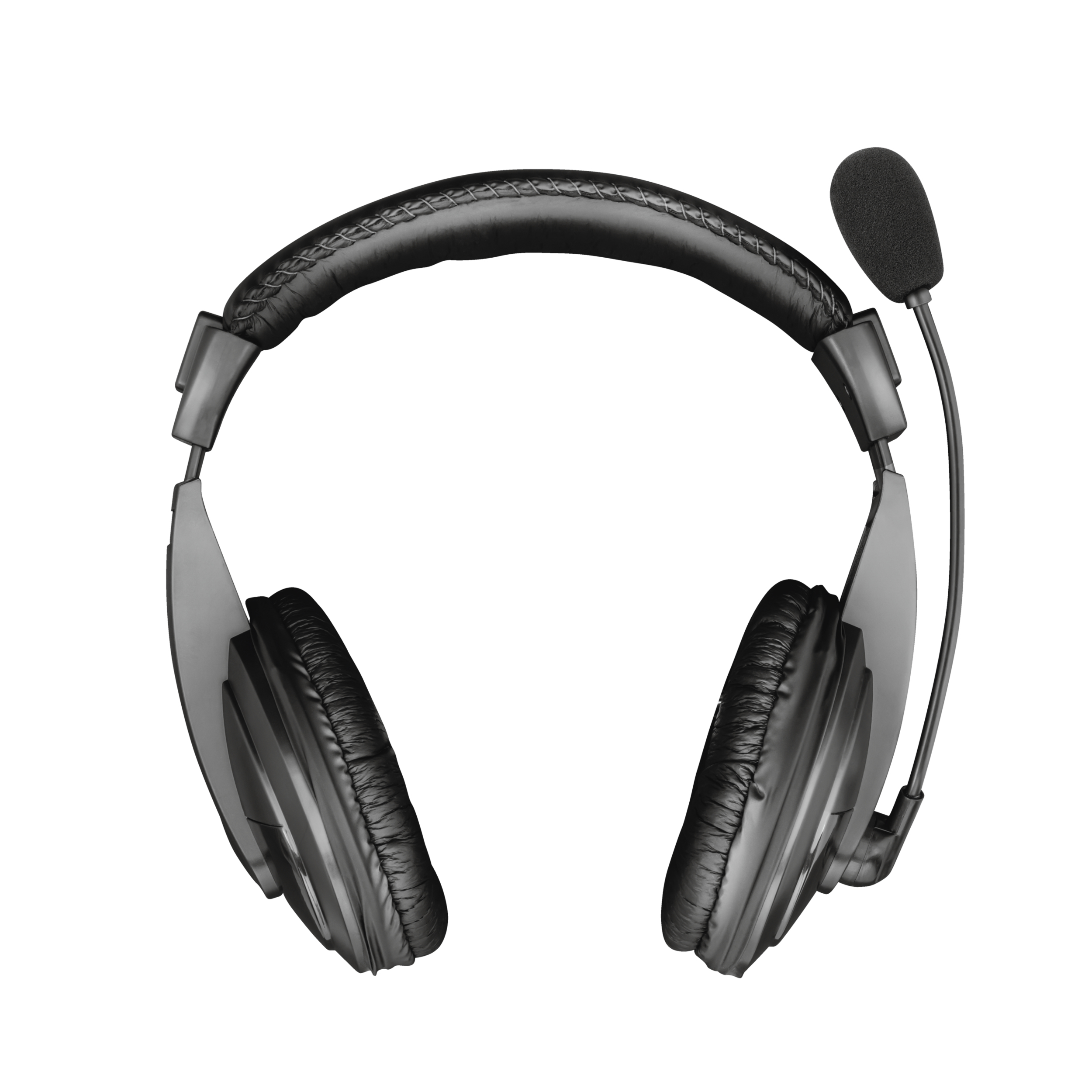 Schwarzes Headset mit Mikrofon, Draufsicht, weißer Hintergrund.