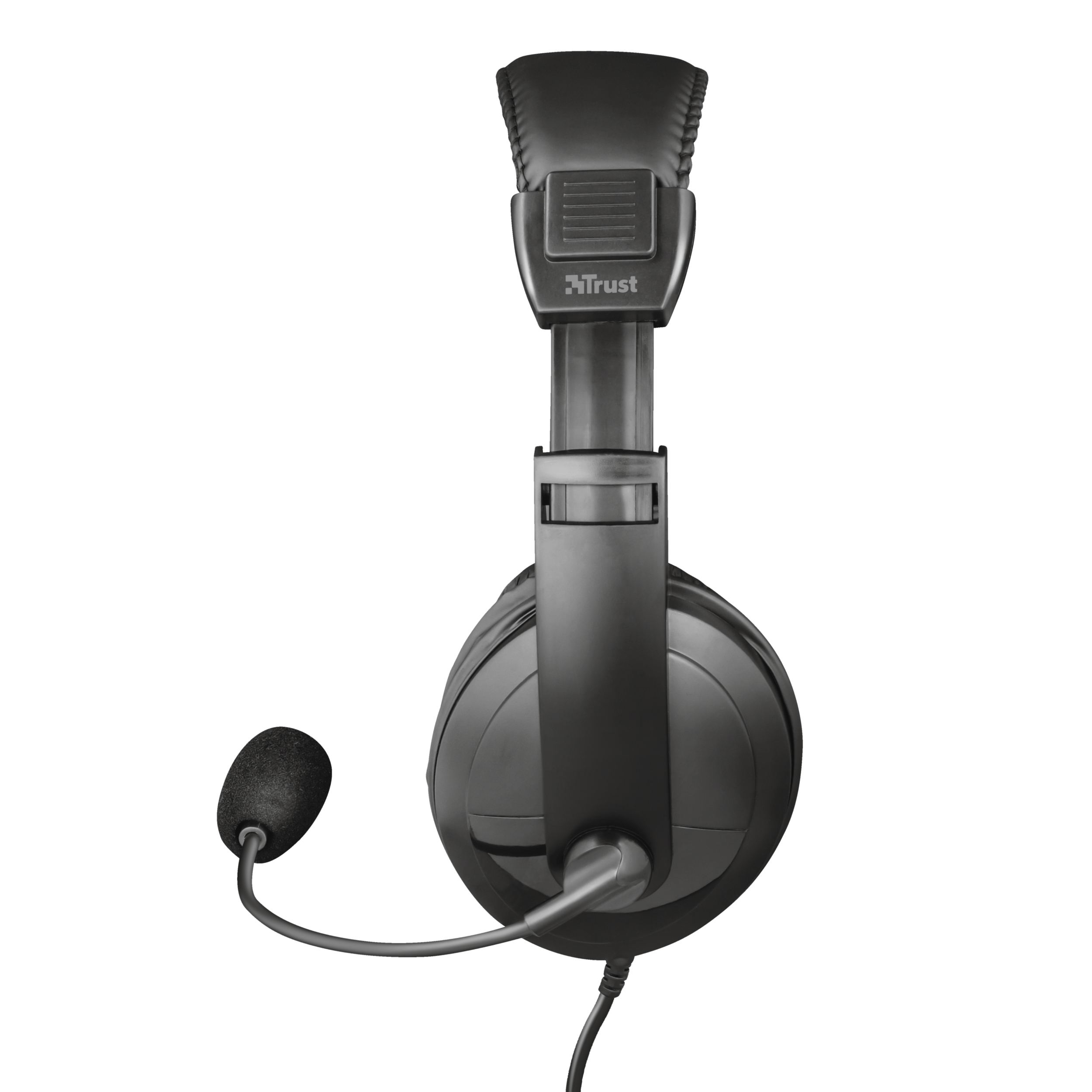 Ein schwarzes Headset mit Mikrofon, vor weißem Hintergrund.