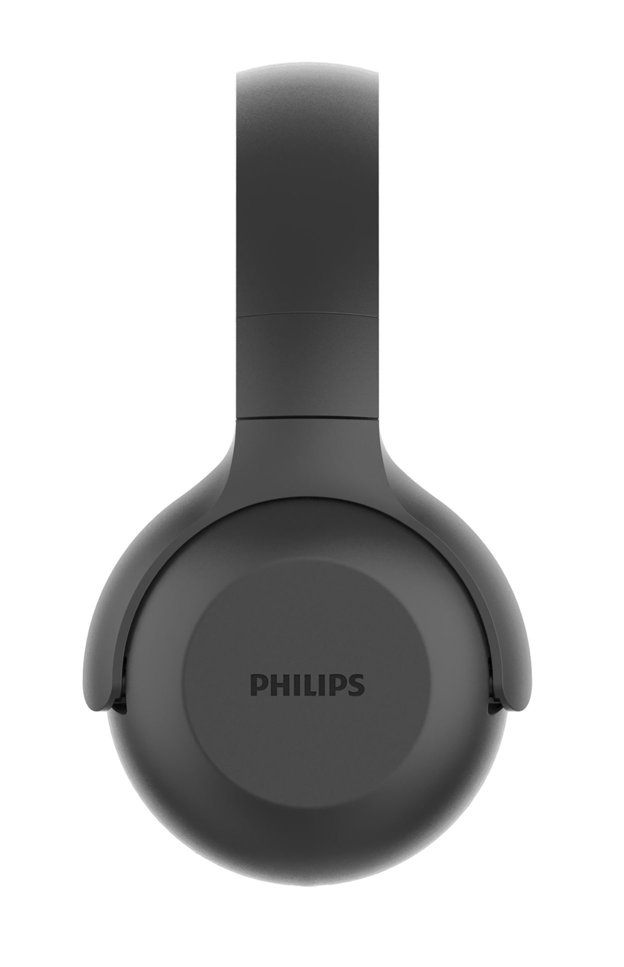 Czarne słuchawki Philips, nauszne, z logo Philips.