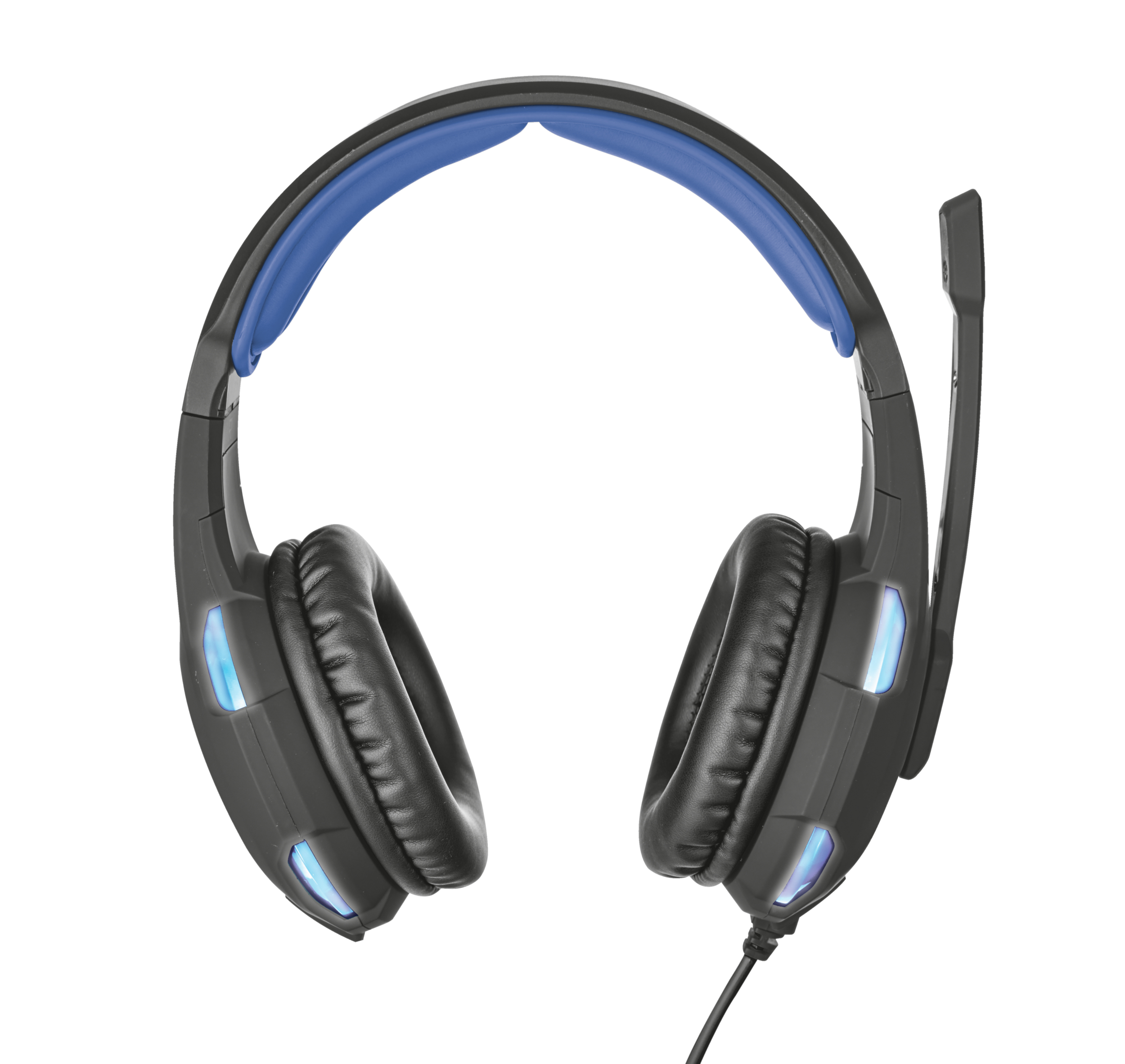 Czarno-niebieski zestaw słuchawkowy dla graczy z mikrofonem. Na białym tle. Zbliżenie.