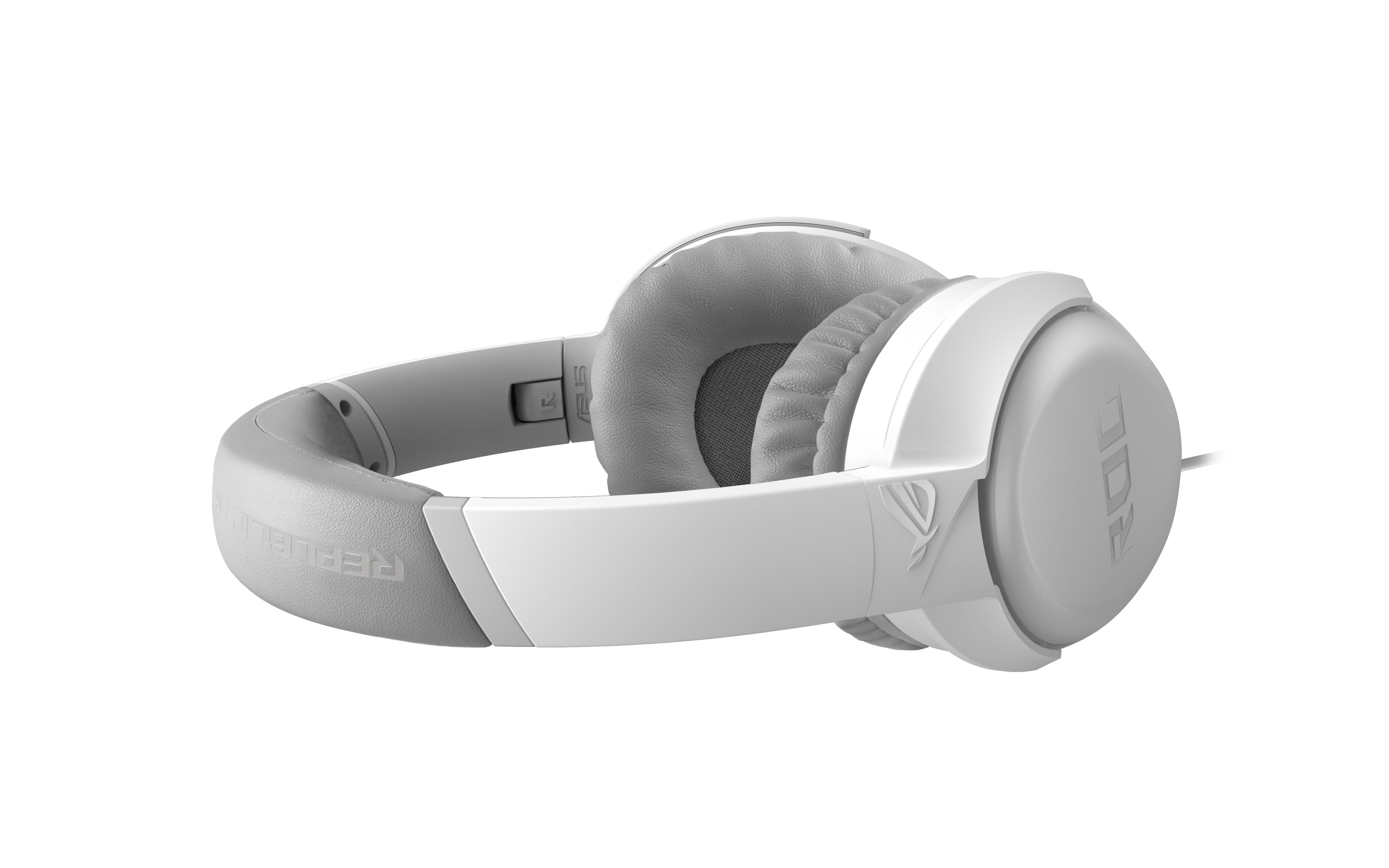Auriculares blancos y grises, logo ROG, sobre fondo blanco, vista en ángulo.