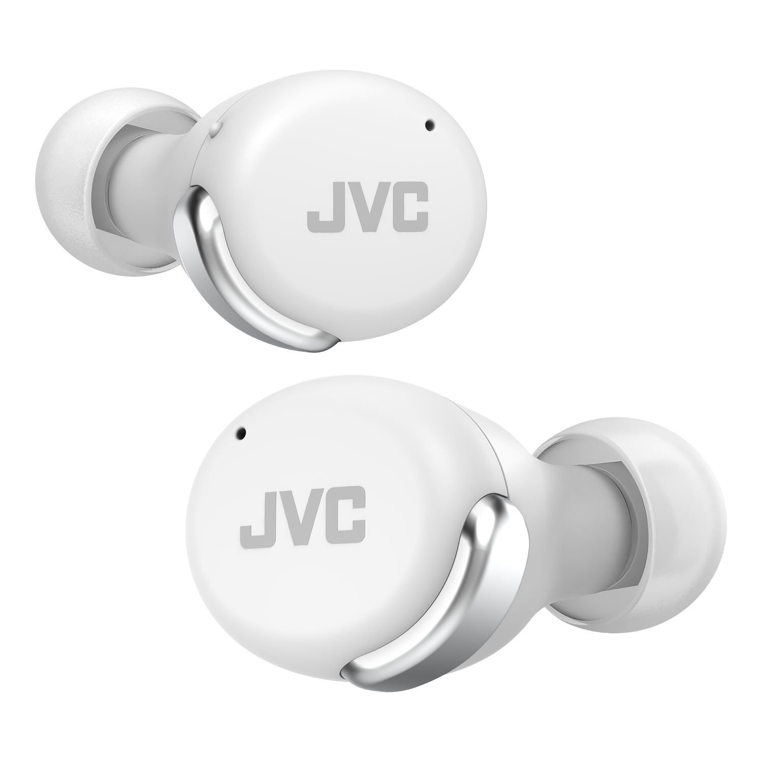 Witte JVC oordopjes, close-up. Zilveren accenten, witte achtergrond.