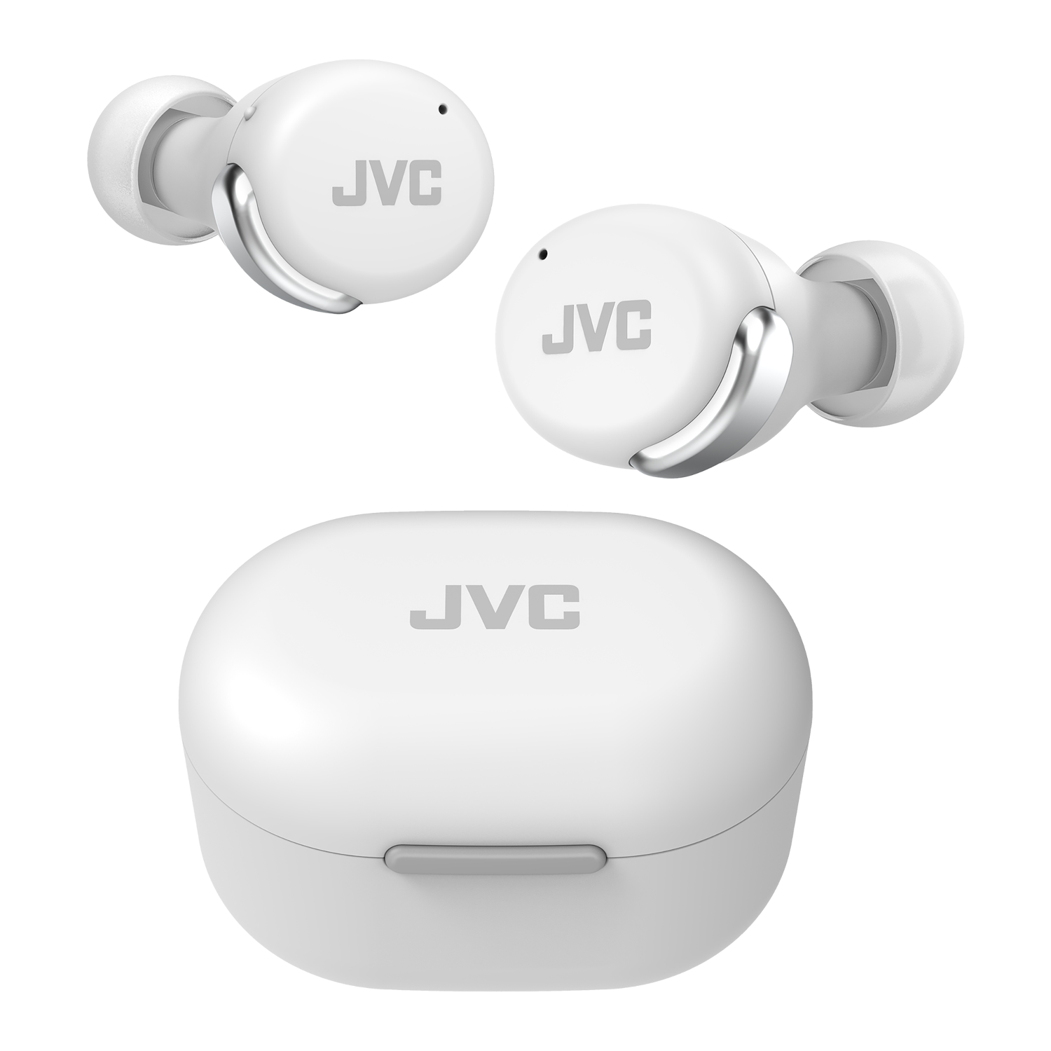Witte JVC oordopjes en oplaadcase. De oordopjes hebben 'JVC' tekst. De case ook.