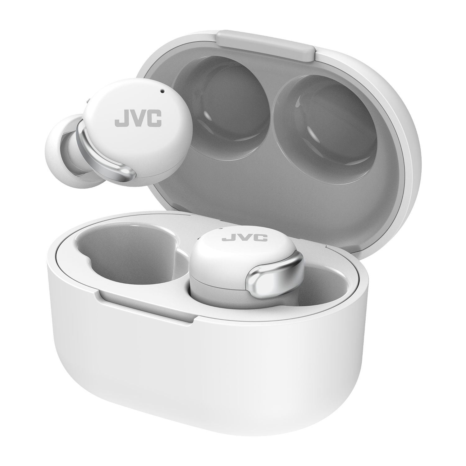 Witte JVC draadloze oordopjes met oplaadcase. De case is open en toont de oordopjes binnenin.