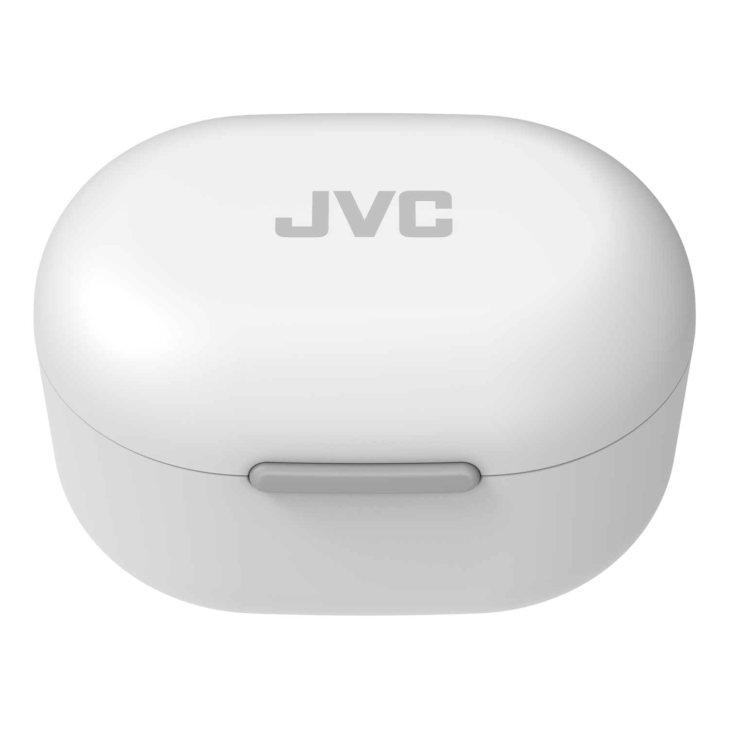 Witte JVC oplaadcase voor oordopjes. Het heeft een grijze knop.