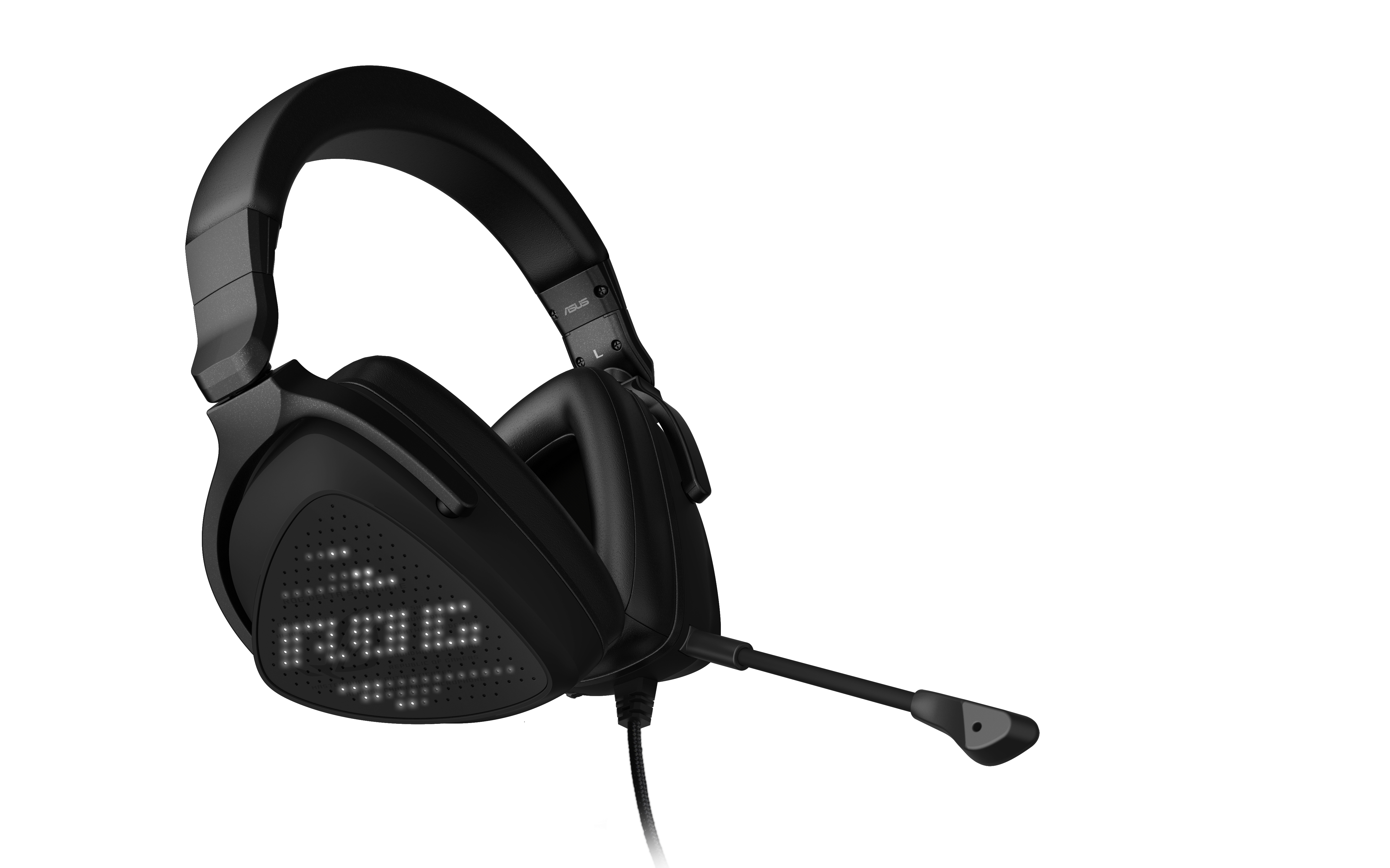 Cuffie gaming nere con microfono. Sfondo bianco. Logo Asus ROG visibile.