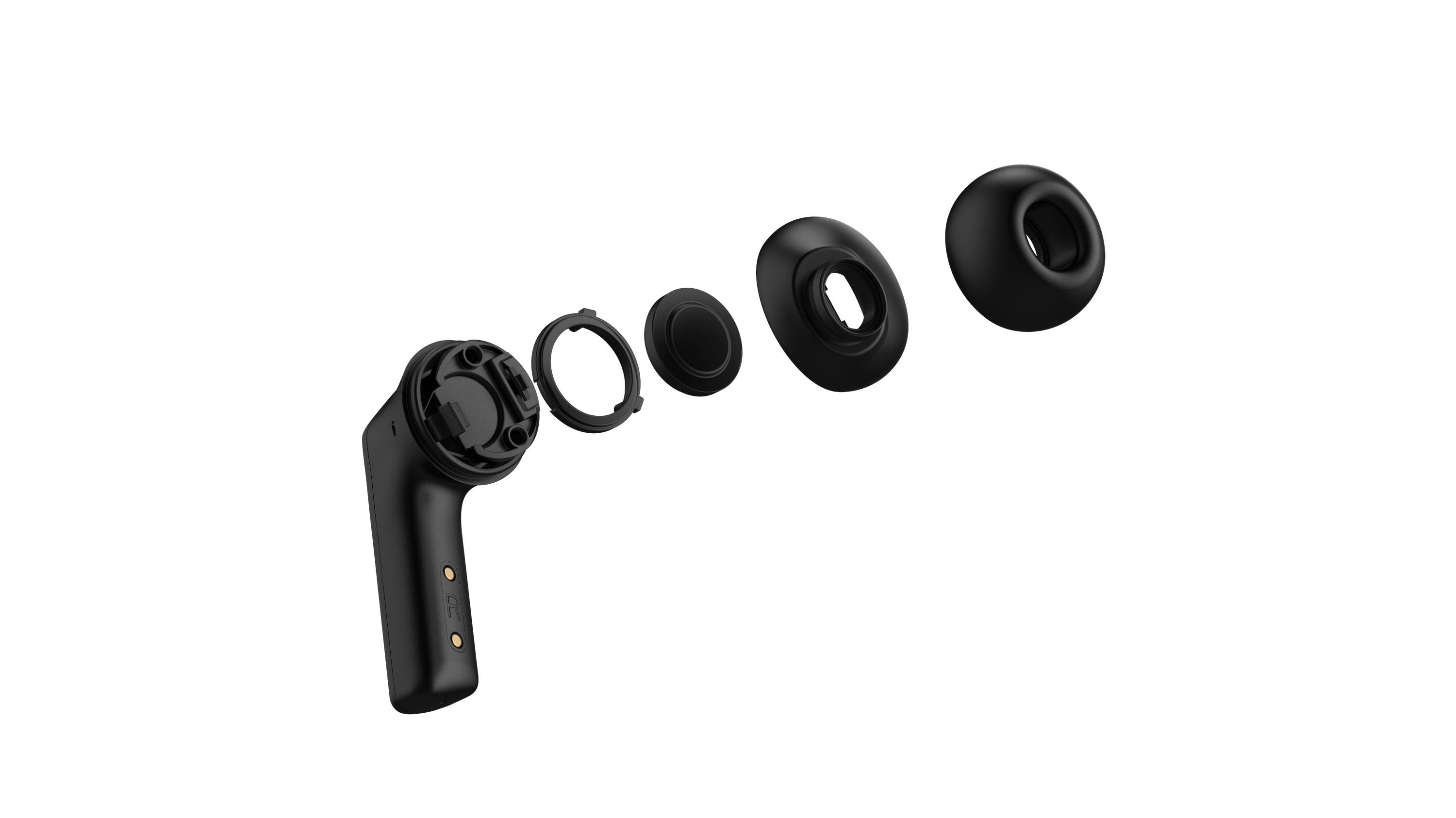 Czarne elementy słuchawek rozebrane i ułożone na białym tle.