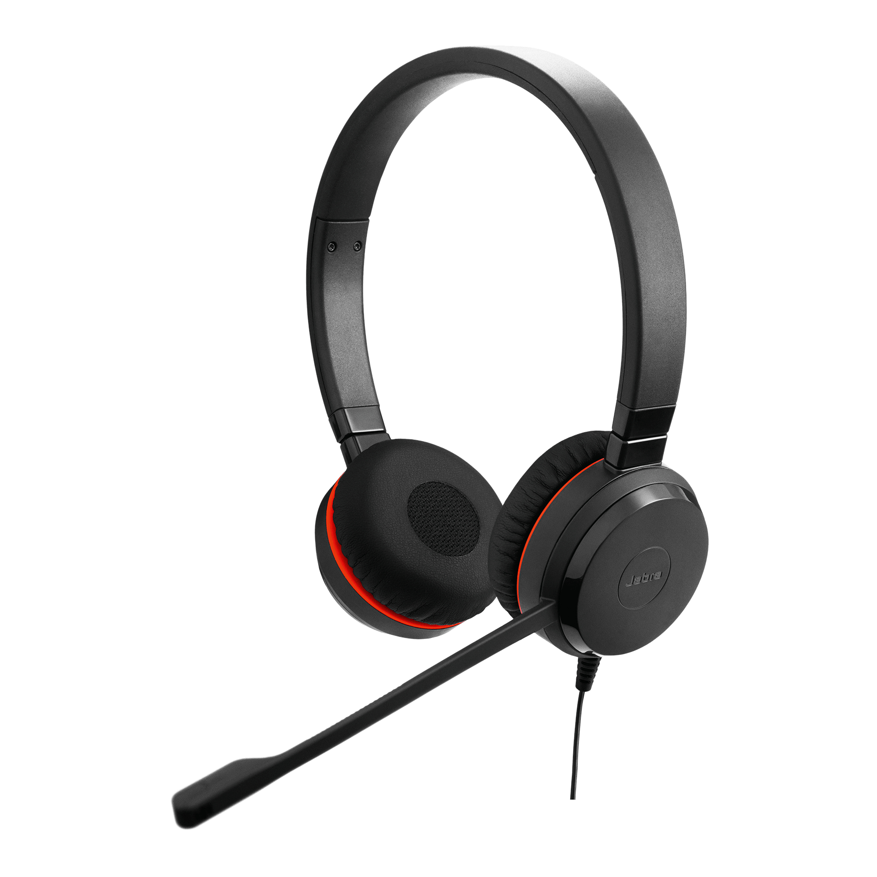Auriculares negros con micrófono y almohadillas rojas, aislados sobre fondo blanco.