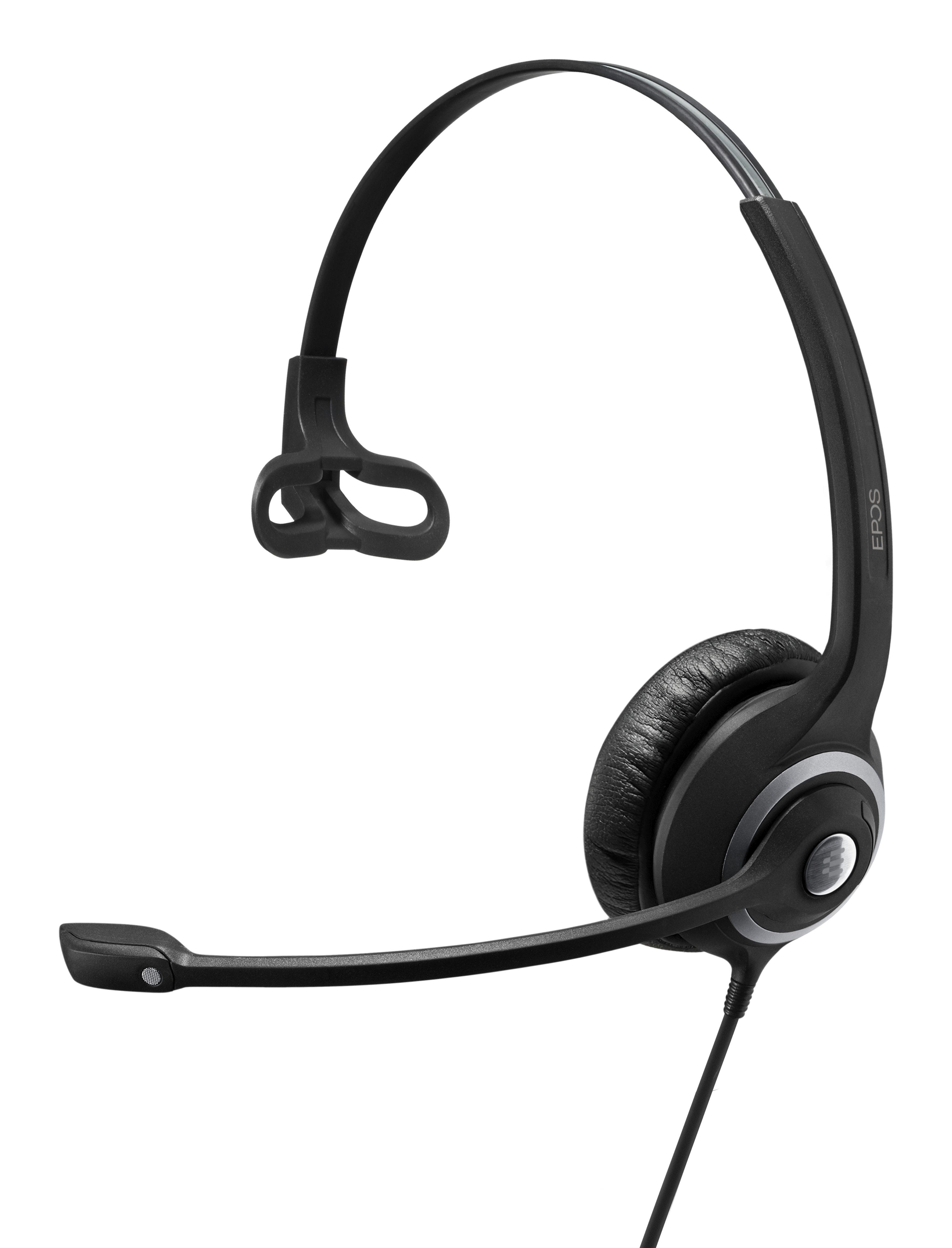 Auriculares negros con micrófono, diseño sobre la oreja, fondo blanco.
